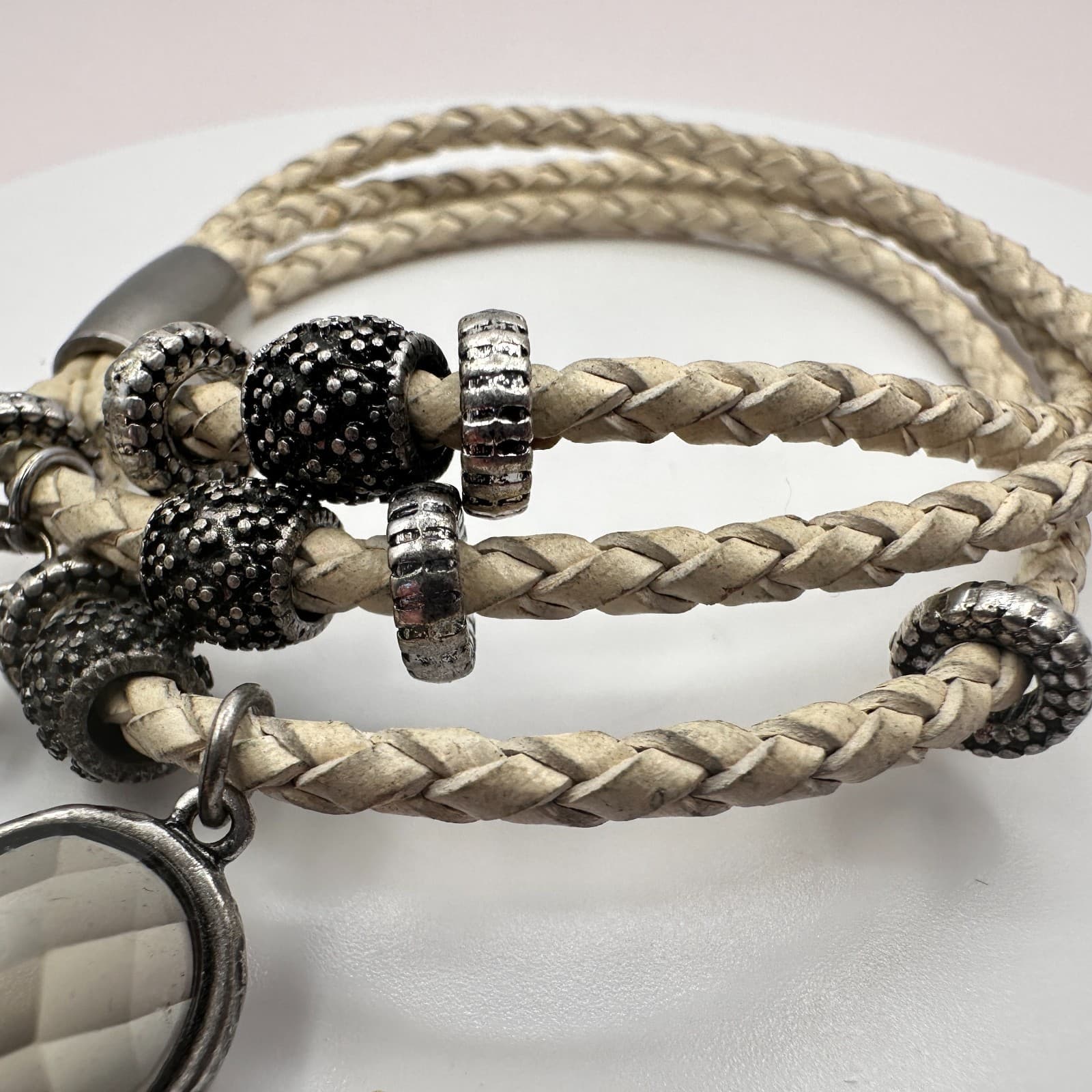 VTG Gunmetal Beige Leather Multi Strand Wrap Bracelet Tassel Charm Druzy Beads - Thumbnail 4