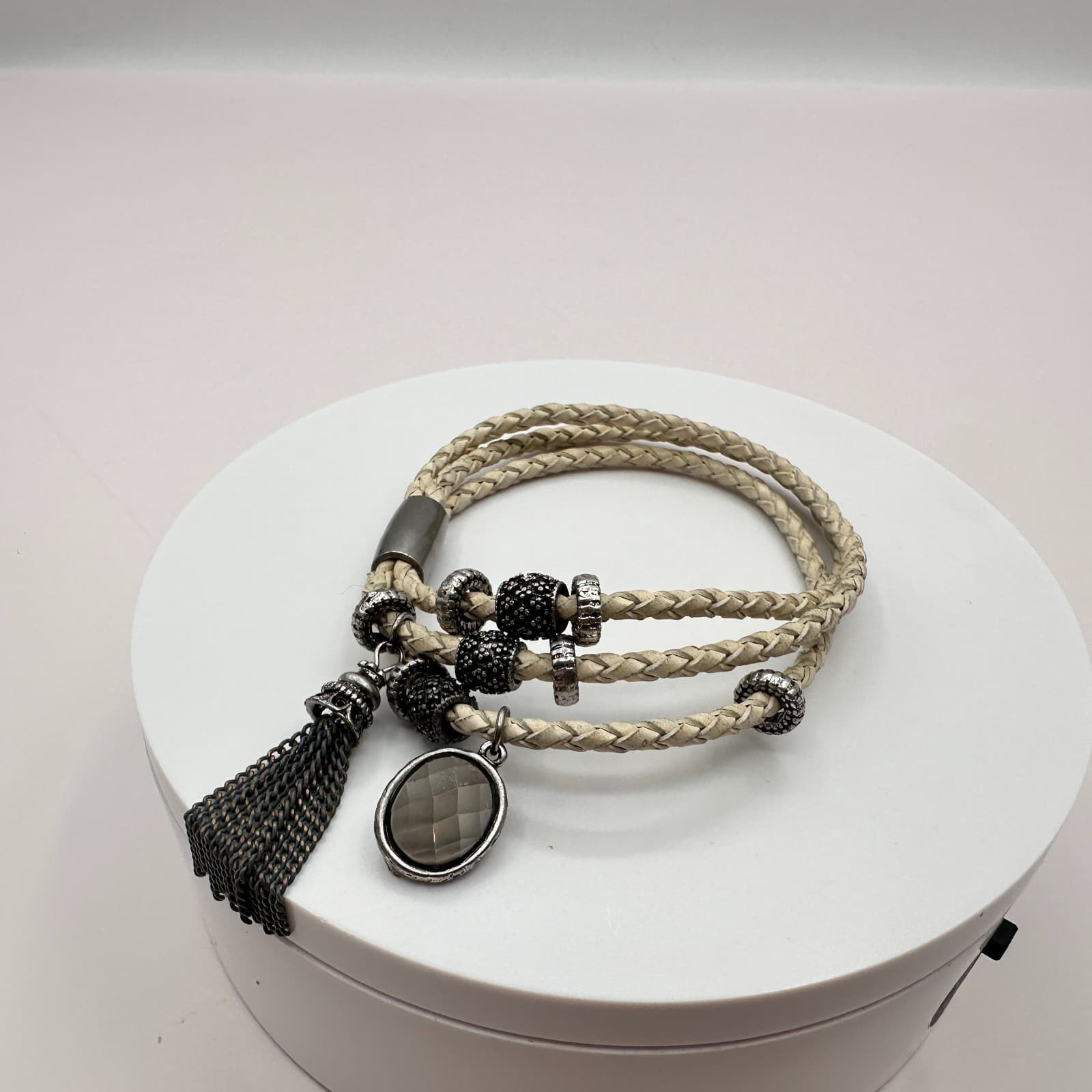 VTG Gunmetal Beige Leather Multi Strand Wrap Bracelet Tassel Charm Druzy Beads - Thumbnail 5