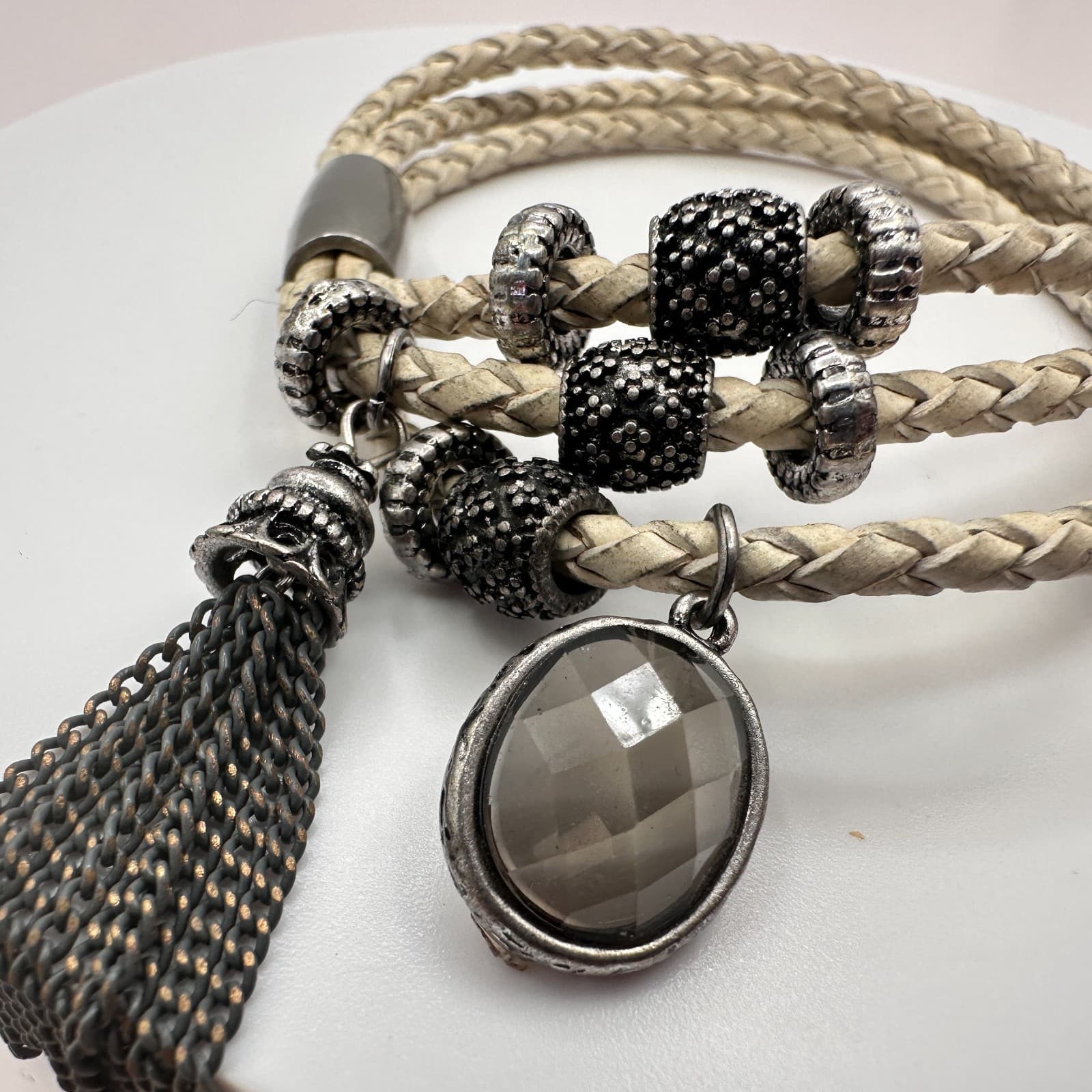 VTG Gunmetal Beige Leather Multi Strand Wrap Bracelet Tassel Charm Druzy Beads - Thumbnail 3