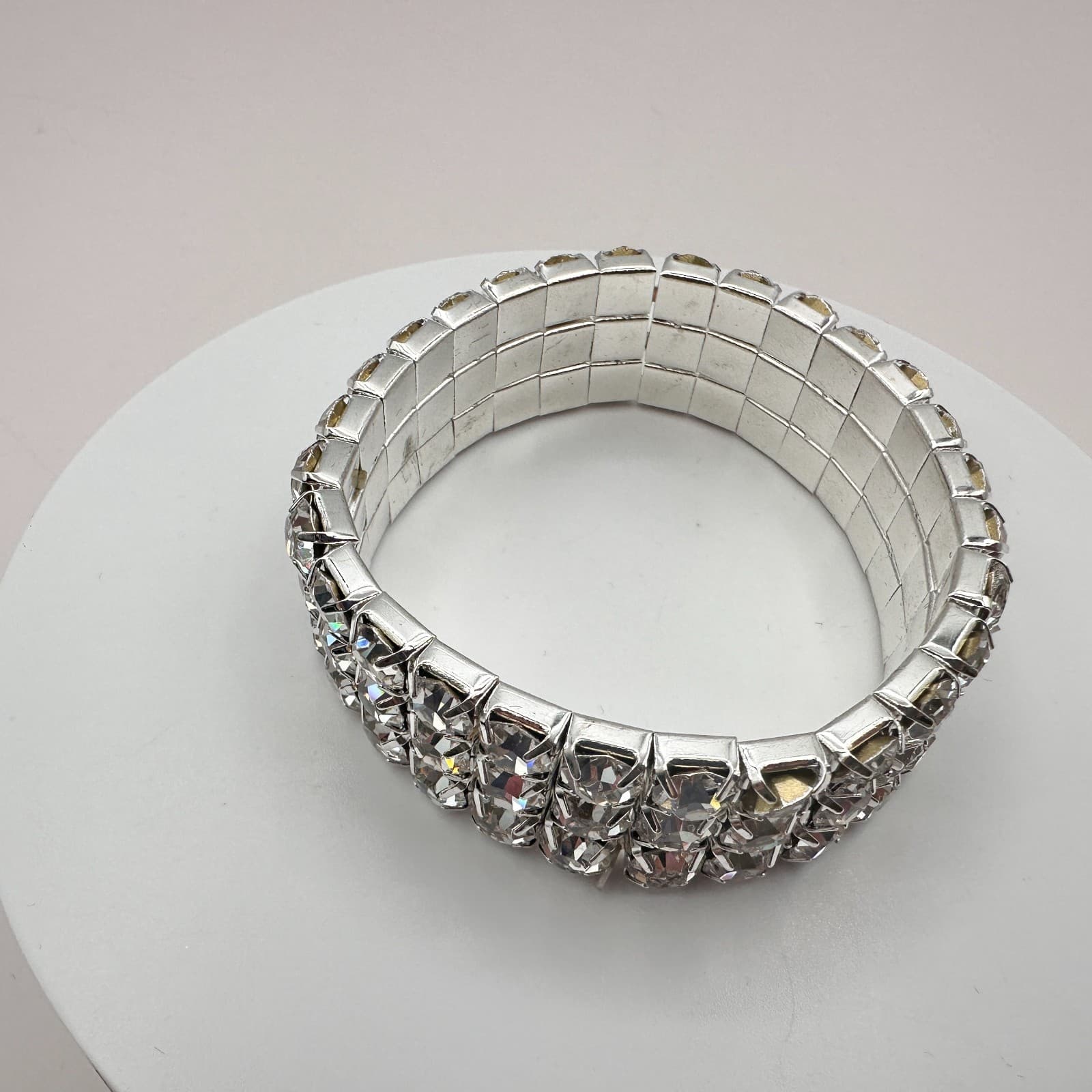 Vintage 90s Silver Tone Clear Rhinestone Cuff Bracelet Women's Classic Jewelry - Thumbnail 3