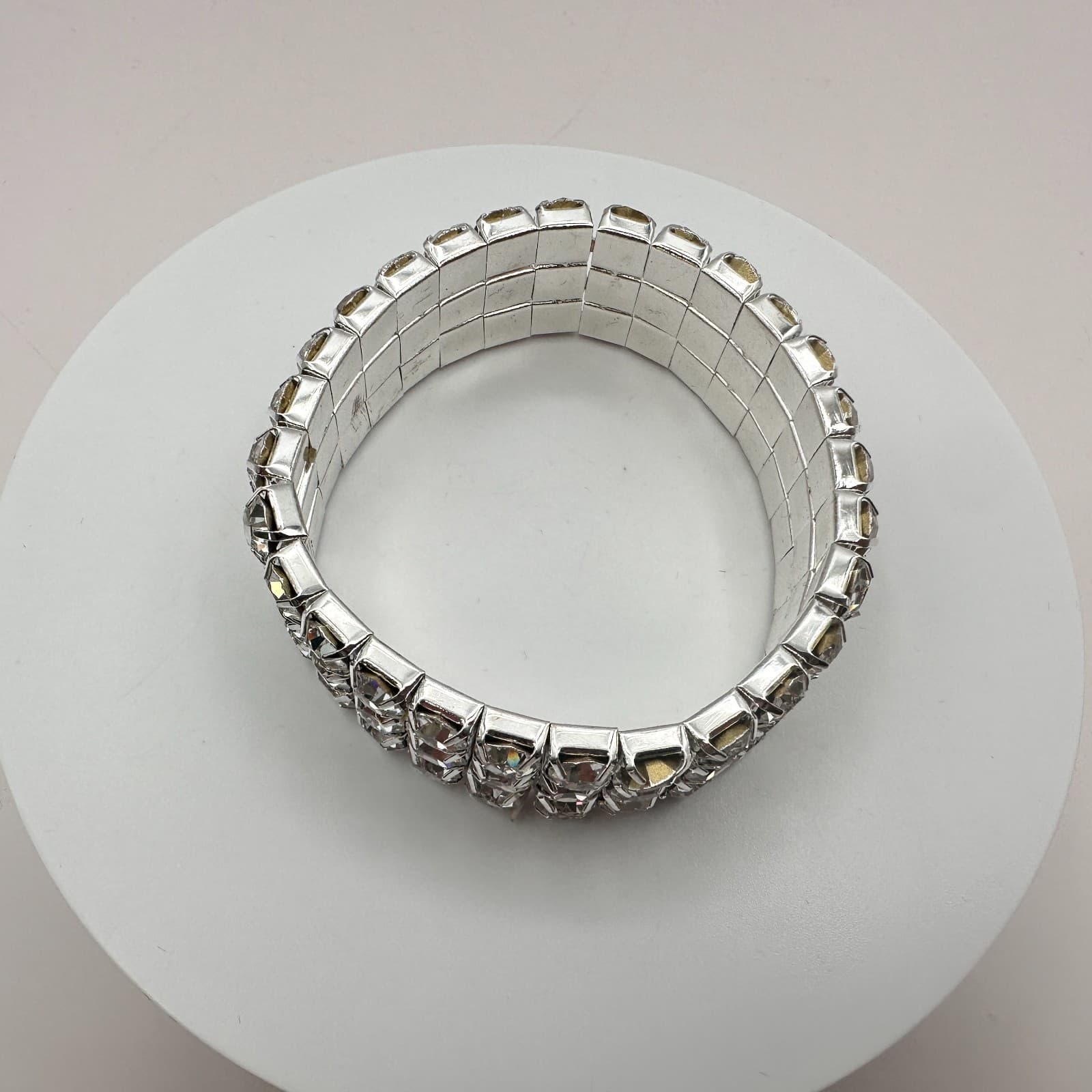 Vintage 90s Silver Tone Clear Rhinestone Cuff Bracelet Women's Classic Jewelry - Thumbnail 6