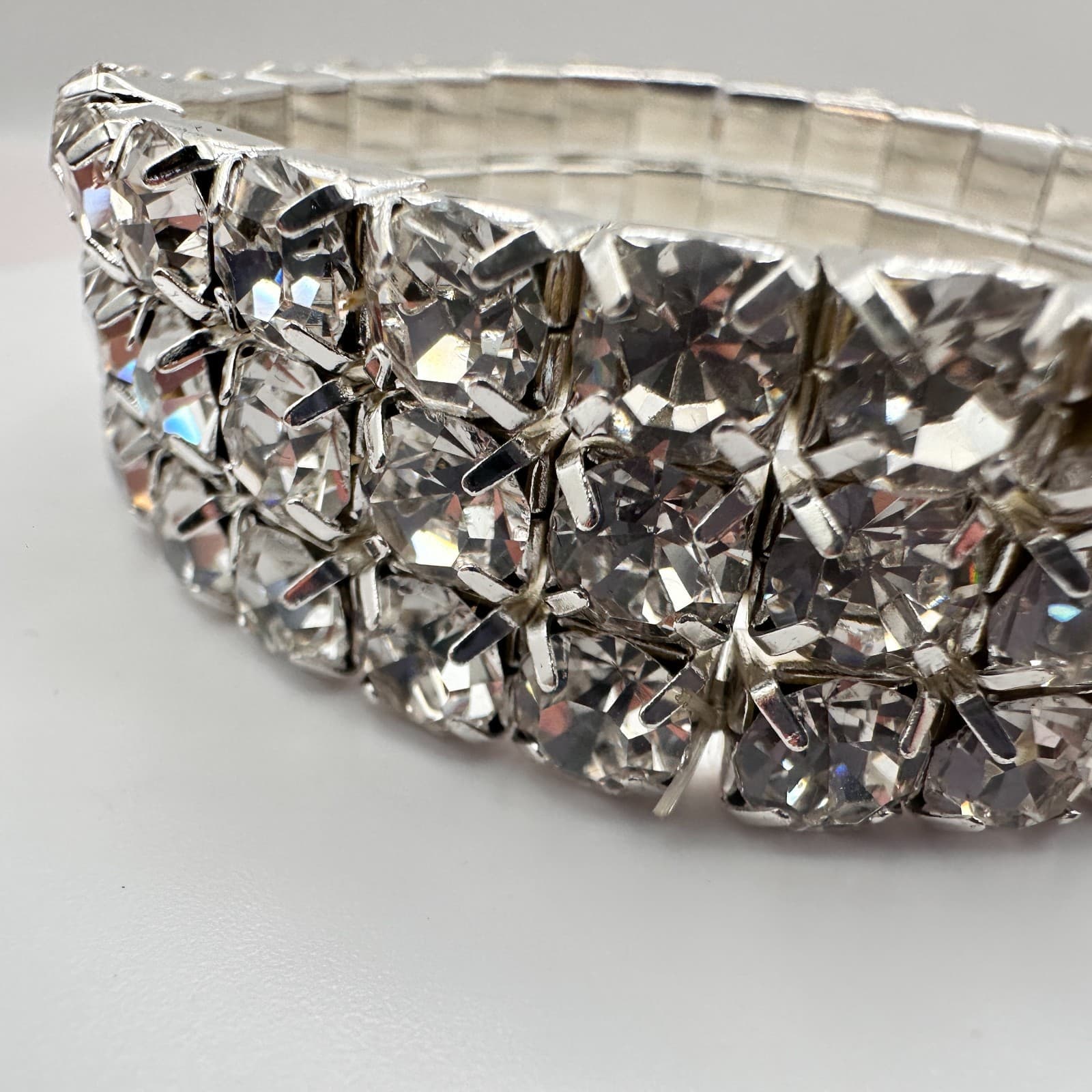 Vintage 90s Silver Tone Clear Rhinestone Cuff Bracelet Women's Classic Jewelry - Thumbnail 7