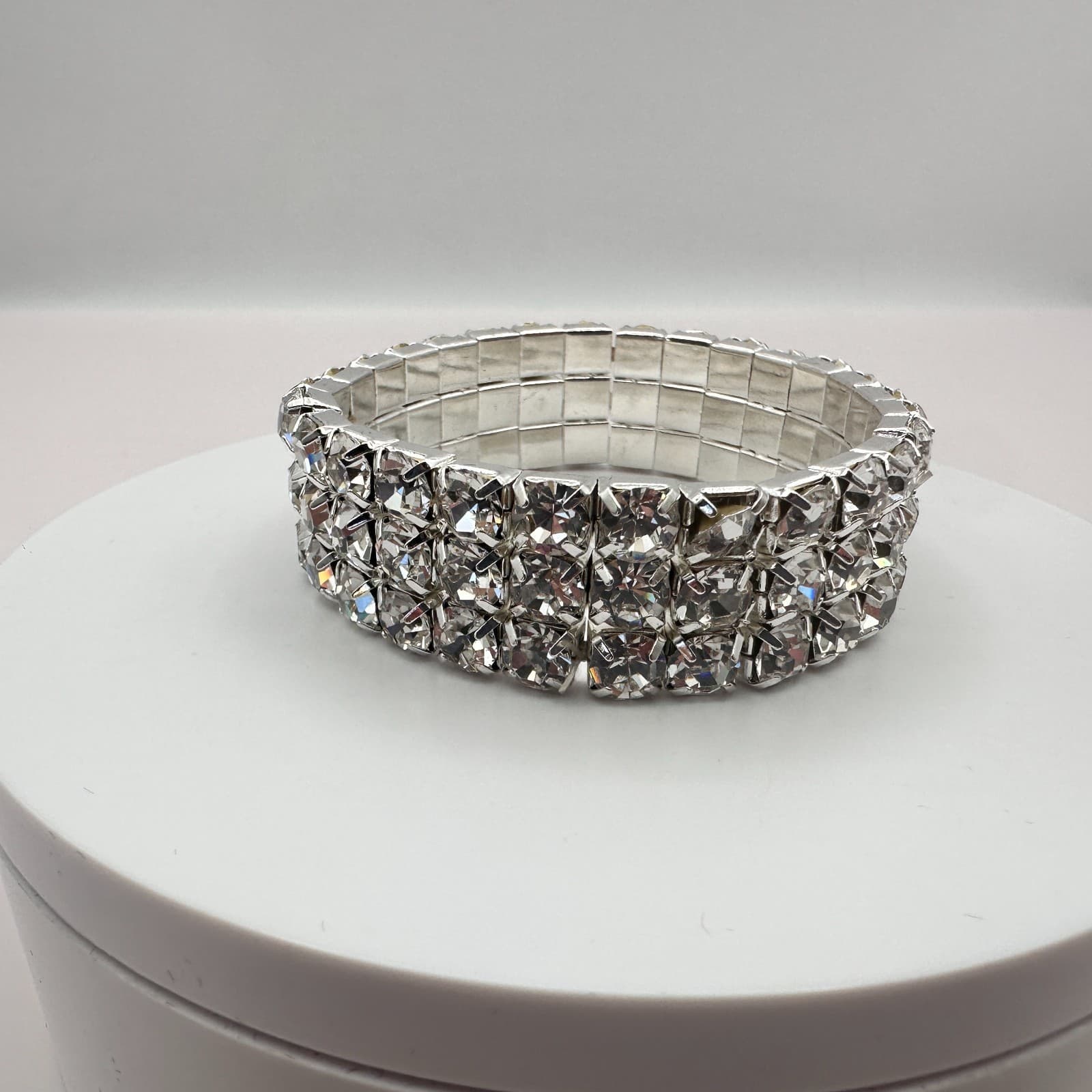 Vintage 90s Silver Tone Clear Rhinestone Cuff Bracelet Women's Classic Jewelry - Thumbnail 2
