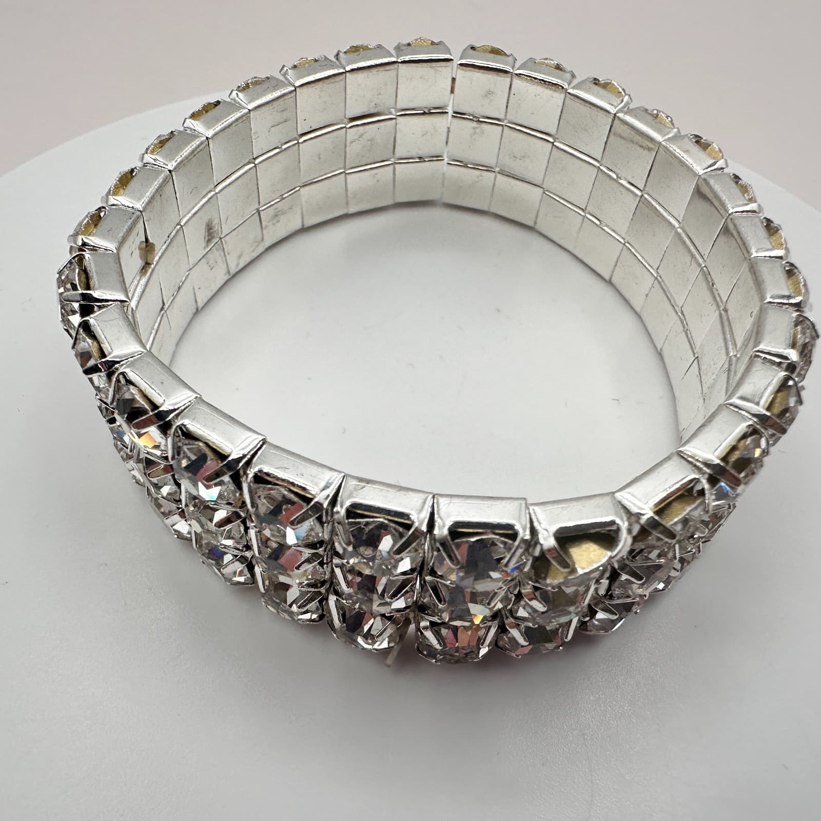 Vintage 90s Silver Tone Clear Rhinestone Cuff Bracelet Women's Classic Jewelry - Thumbnail 4