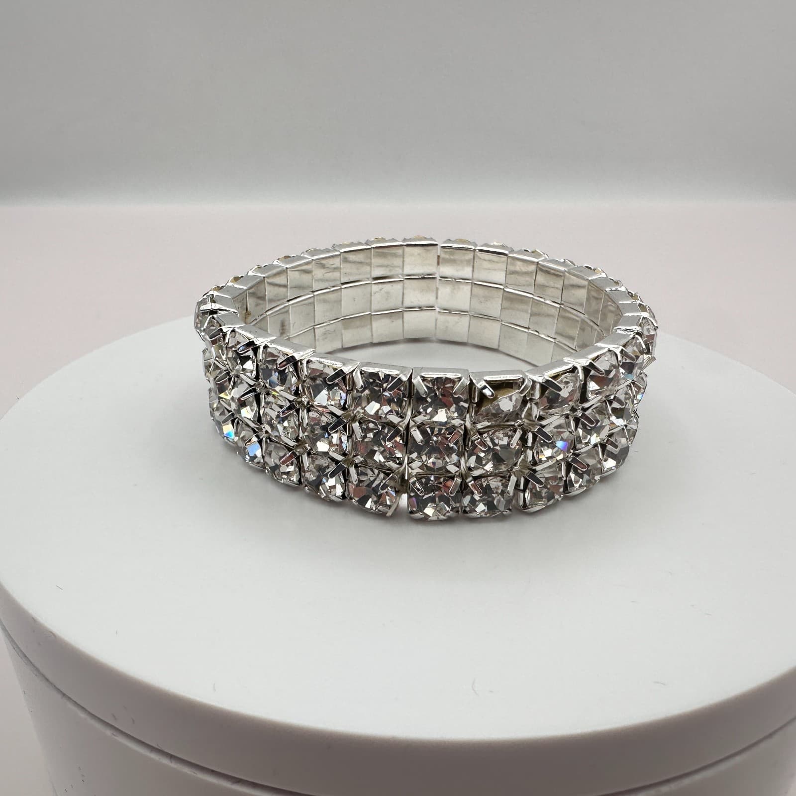 Vintage 90s Silver Tone Clear Rhinestone Cuff Bracelet Women's Classic Jewelry - Thumbnail 5