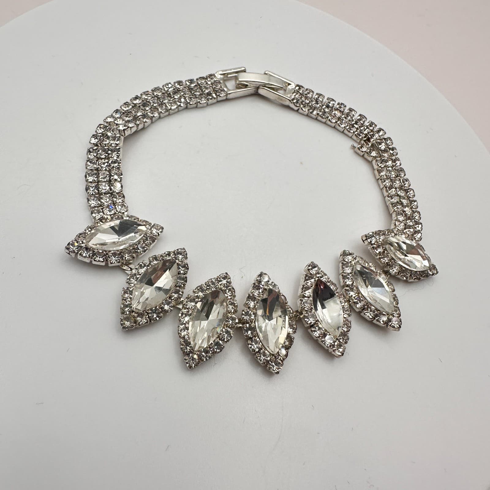 Vintage Y2K Silver Tone Marquise Rhinestone Bracelet Statement Women's Jewelry - Thumbnail 6
