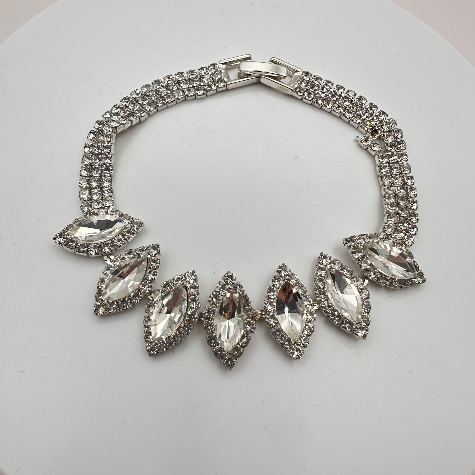 Vintage Y2K Silver Tone Marquise Rhinestone Bracelet Statement Women's Jewelry - Thumbnail 4