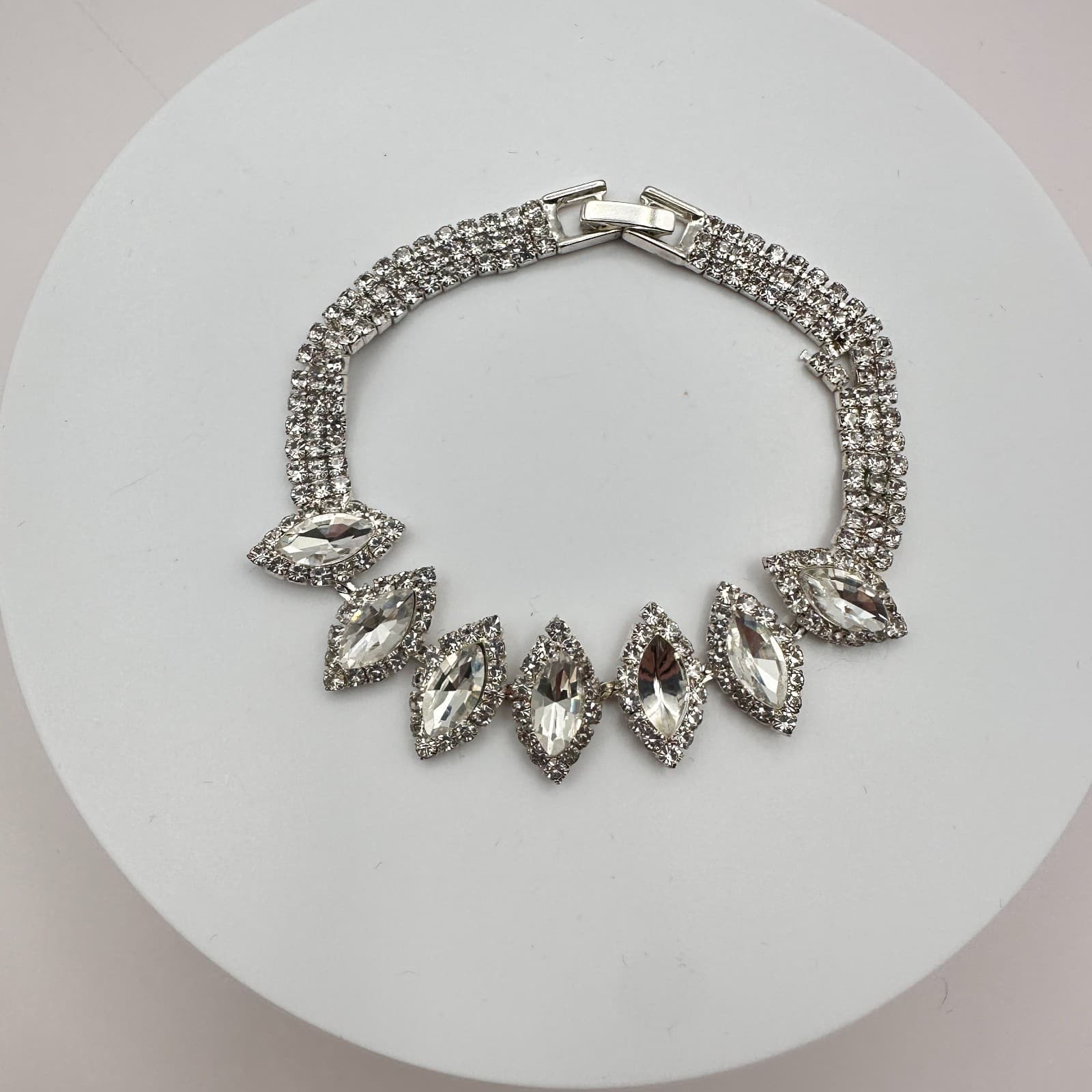 Vintage Y2K Silver Tone Marquise Rhinestone Bracelet Statement Women's Jewelry - Thumbnail 3