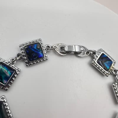 Vintage Y2K Silver Tone Square Iridescent Abalone Shell Link Bracelet Jewelry - Thumbnail 6