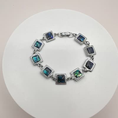 Vintage Y2K Silver Tone Square Iridescent Abalone Shell Link Bracelet Jewelry - Thumbnail 7
