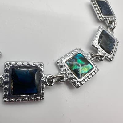 Vintage Y2K Silver Tone Square Iridescent Abalone Shell Link Bracelet Jewelry - Thumbnail 5