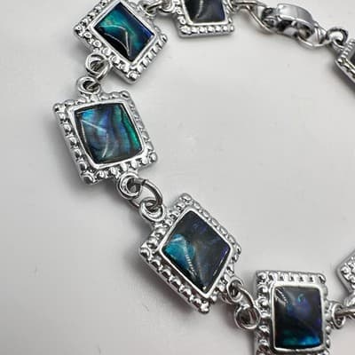 Vintage Y2K Silver Tone Square Iridescent Abalone Shell Link Bracelet Jewelry - Thumbnail 4