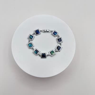 Vintage Y2K Silver Tone Square Iridescent Abalone Shell Link Bracelet Jewelry - Thumbnail 2