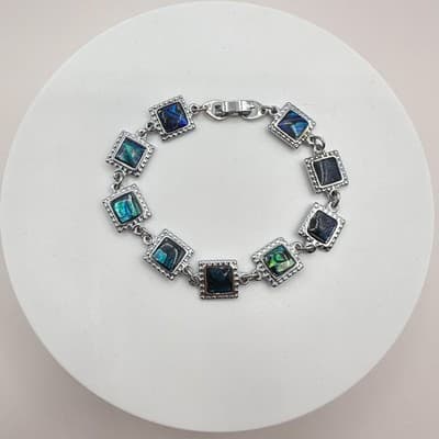 Vintage Y2K Silver Tone Square Iridescent Abalone Shell Link Bracelet Jewelry - Thumbnail 3