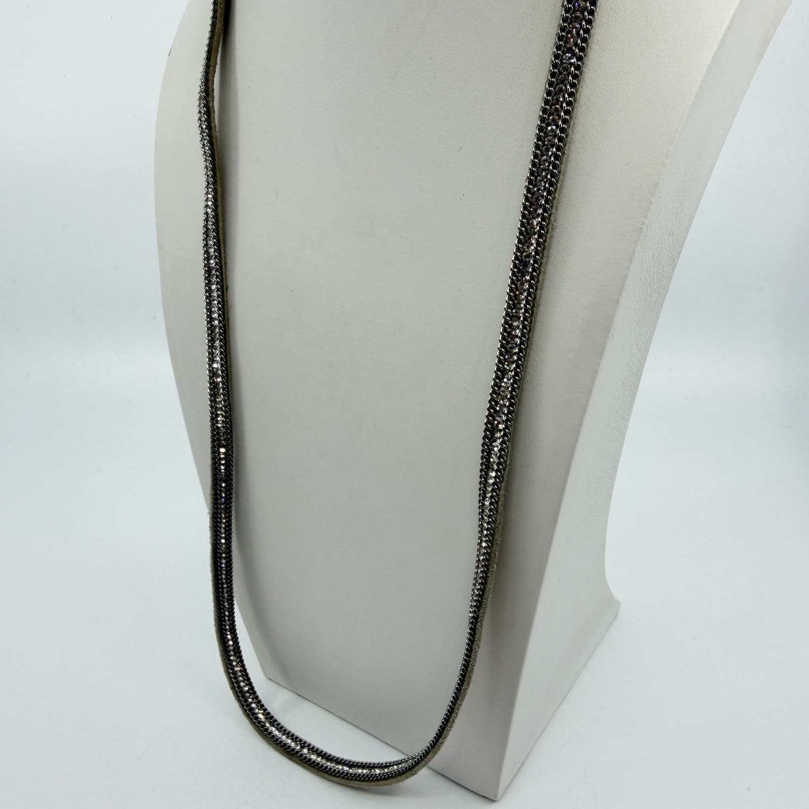 Y2K Sparkly Silver Tone Curb Chain Necklace Rhinestone Accent Layering Accessory - Thumbnail 6