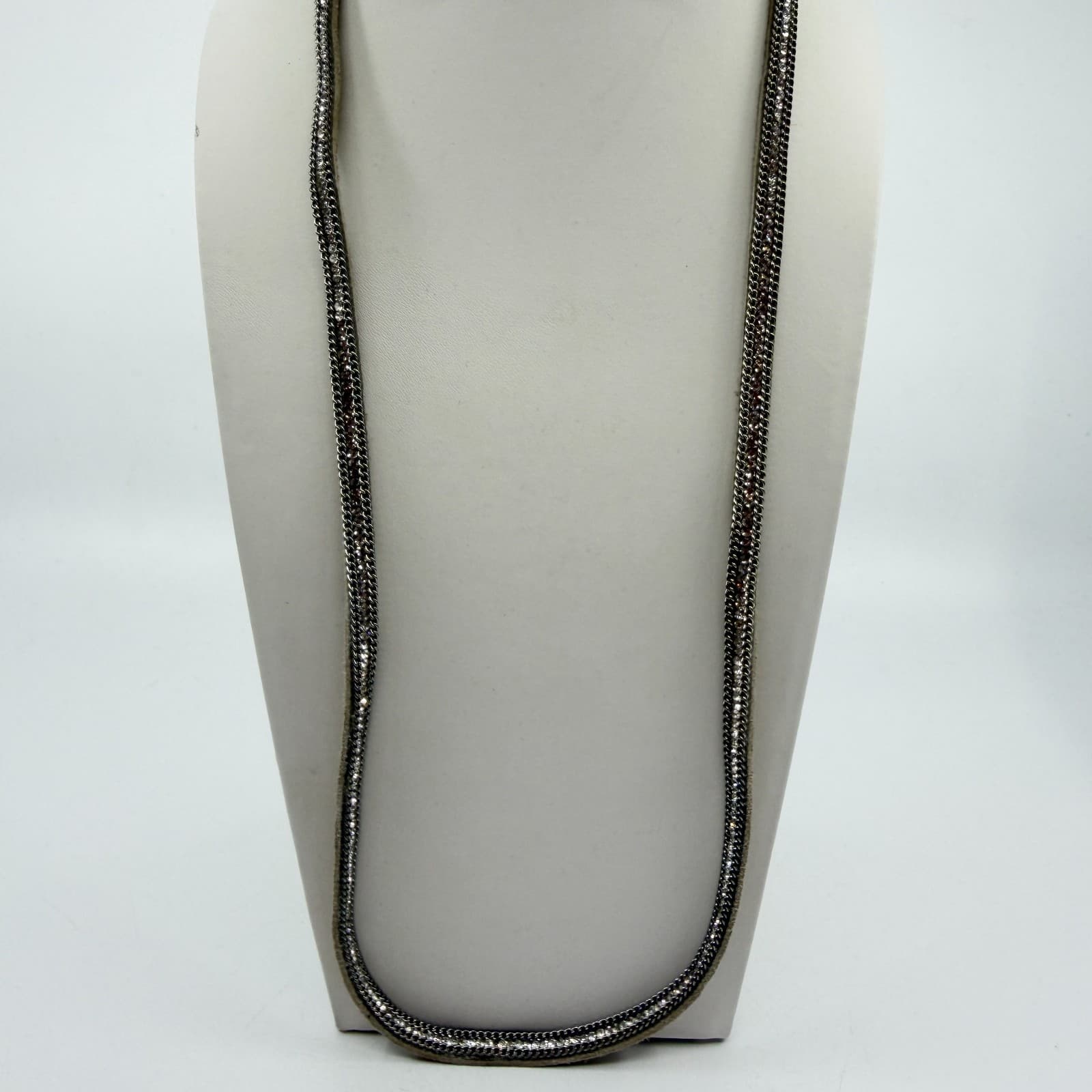 Y2K Sparkly Silver Tone Curb Chain Necklace Rhinestone Accent Layering Accessory - Thumbnail 3