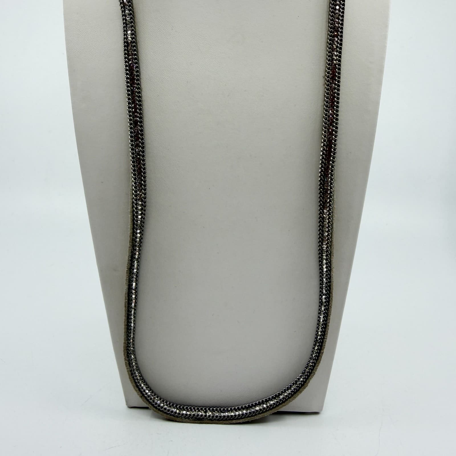 Y2K Sparkly Silver Tone Curb Chain Necklace Rhinestone Accent Layering Accessory - Thumbnail 2