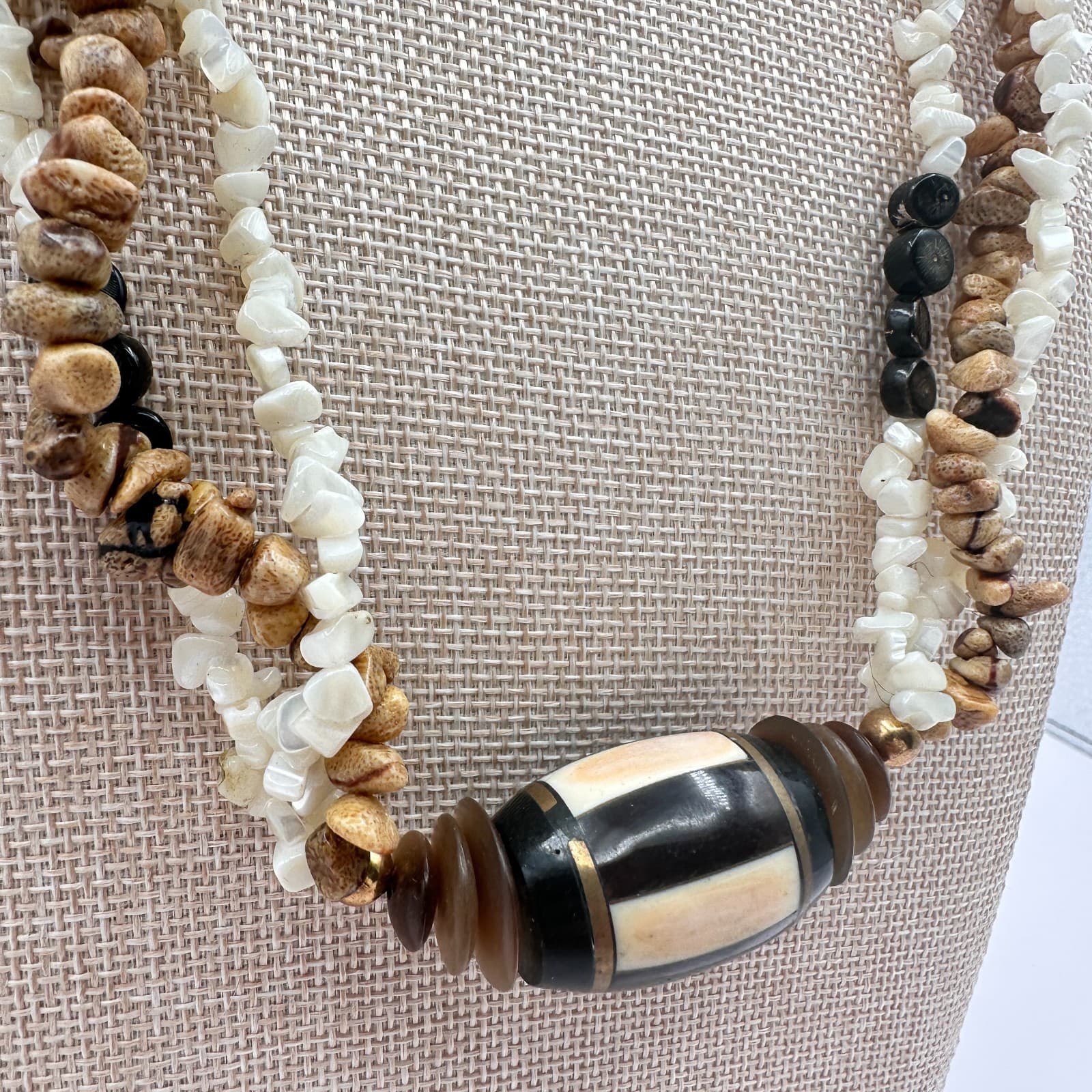 Vintage 90s Multi-Strand Statement Necklace Exotic Wood Shell & Bone Jewelry Y2K - Thumbnail 3