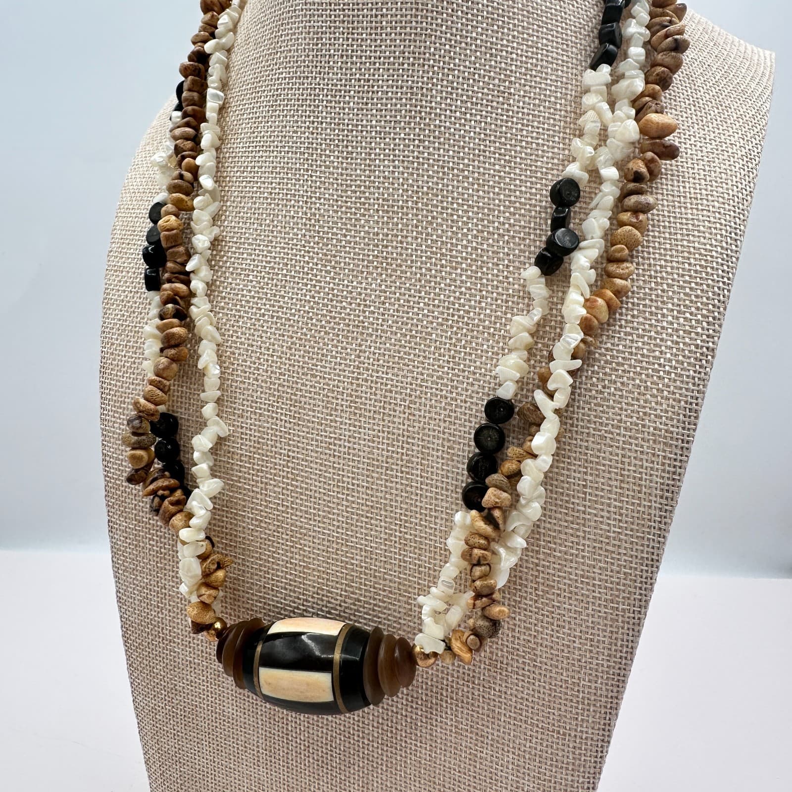 Vintage 90s Multi-Strand Statement Necklace Exotic Wood Shell & Bone Jewelry Y2K - Thumbnail 6