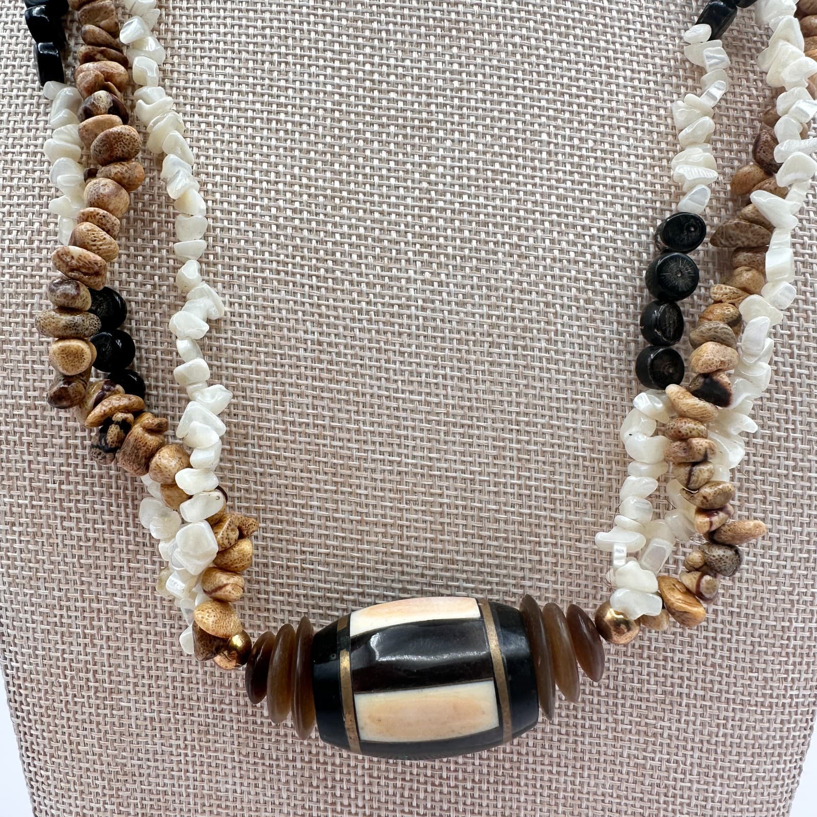 Vintage 90s Multi-Strand Statement Necklace Exotic Wood Shell & Bone Jewelry Y2K