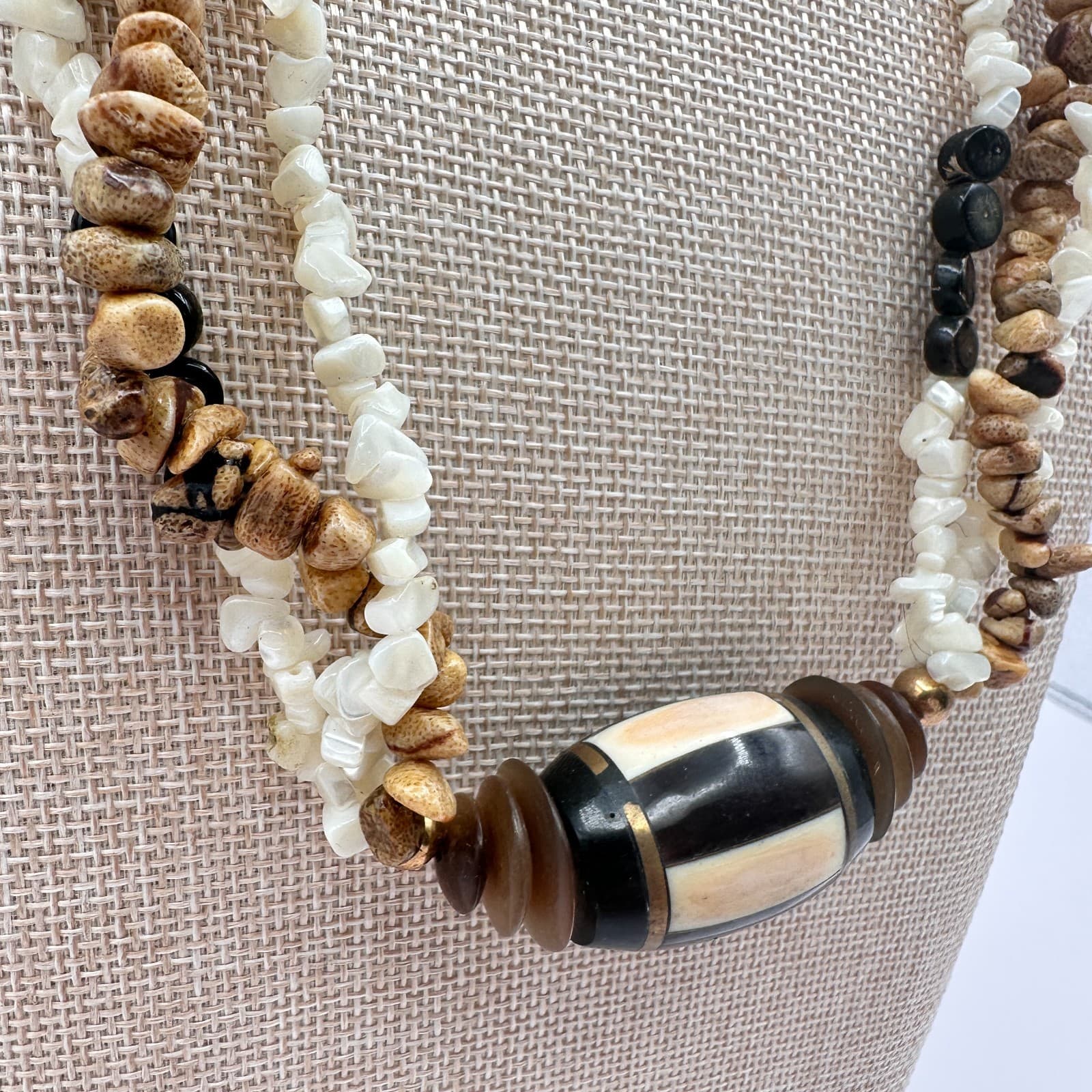 Vintage 90s Multi-Strand Statement Necklace Exotic Wood Shell & Bone Jewelry Y2K - Thumbnail 4