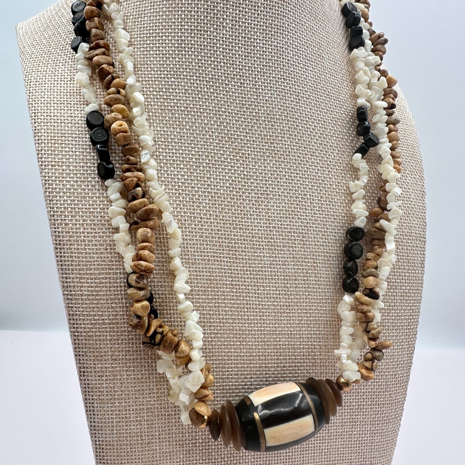 Vintage 90s Multi-Strand Statement Necklace Exotic Wood Shell & Bone Jewelry Y2K - Thumbnail 5