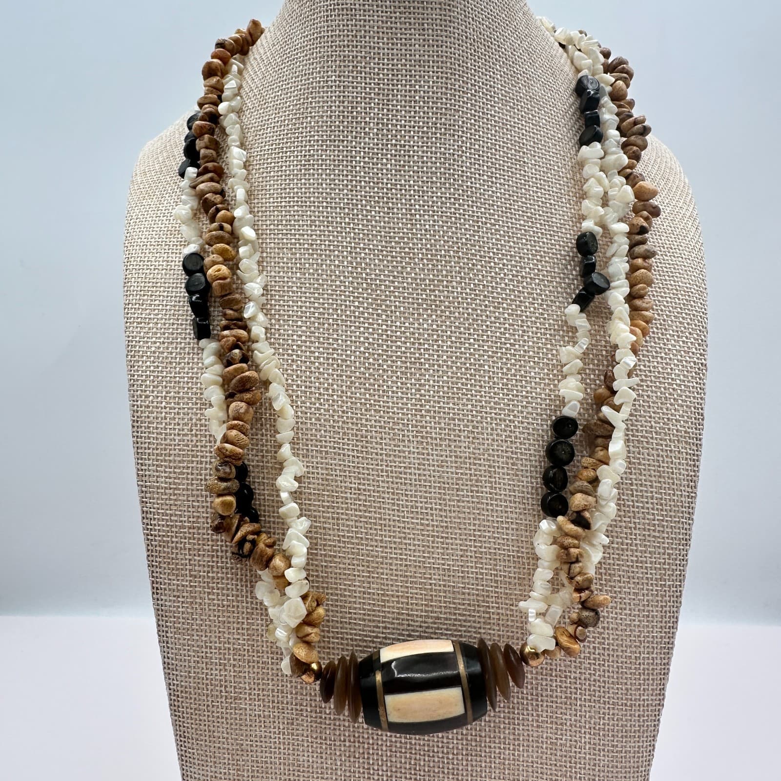 Vintage 90s Multi-Strand Statement Necklace Exotic Wood Shell & Bone Jewelry Y2K - Thumbnail 2