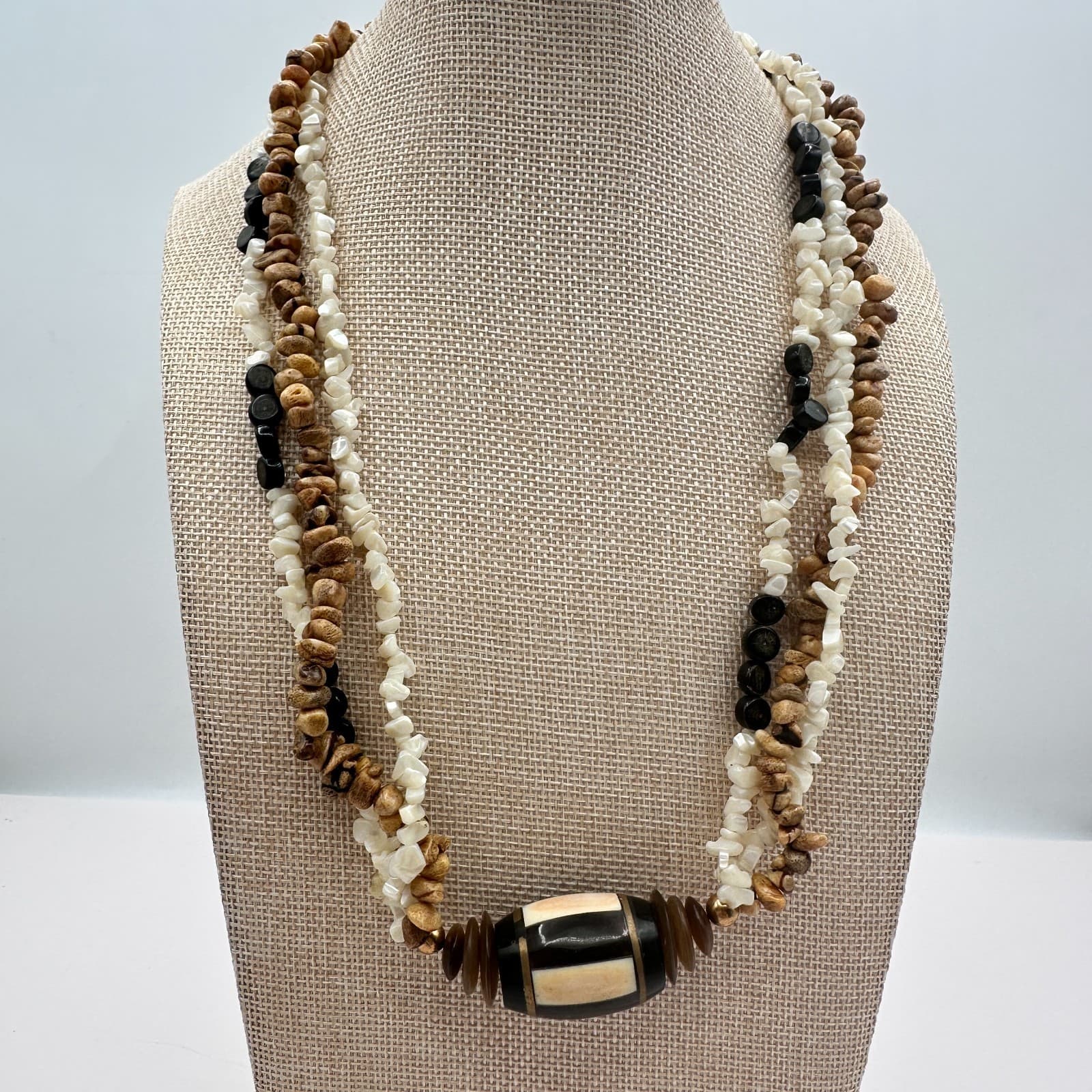 Vintage 90s Multi-Strand Statement Necklace Exotic Wood Shell & Bone Jewelry Y2K - Thumbnail 7