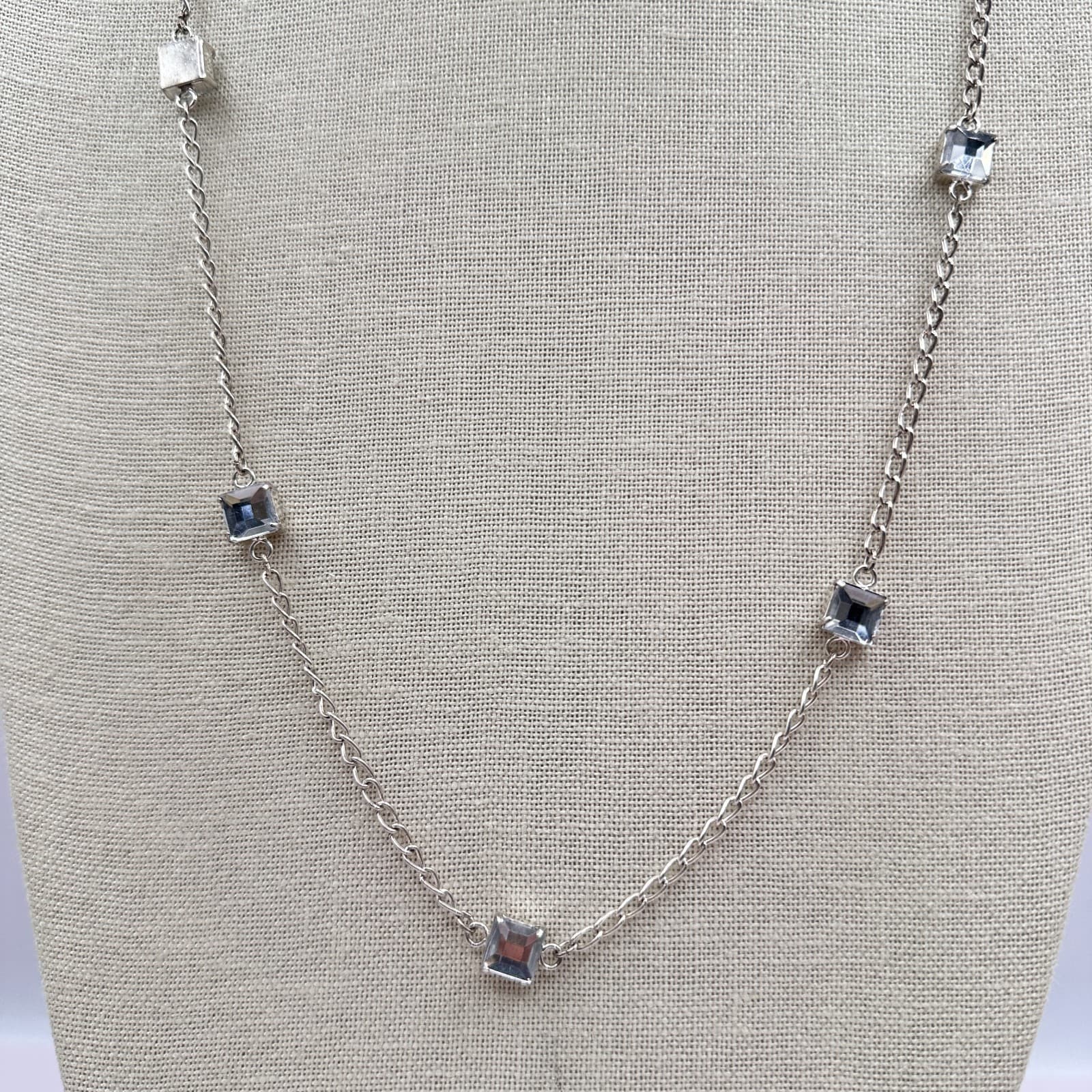 Vintage 80s Silver Tone Set Square Blue Topaz Station Chain Necklace Jewelry Y2K - Thumbnail 4