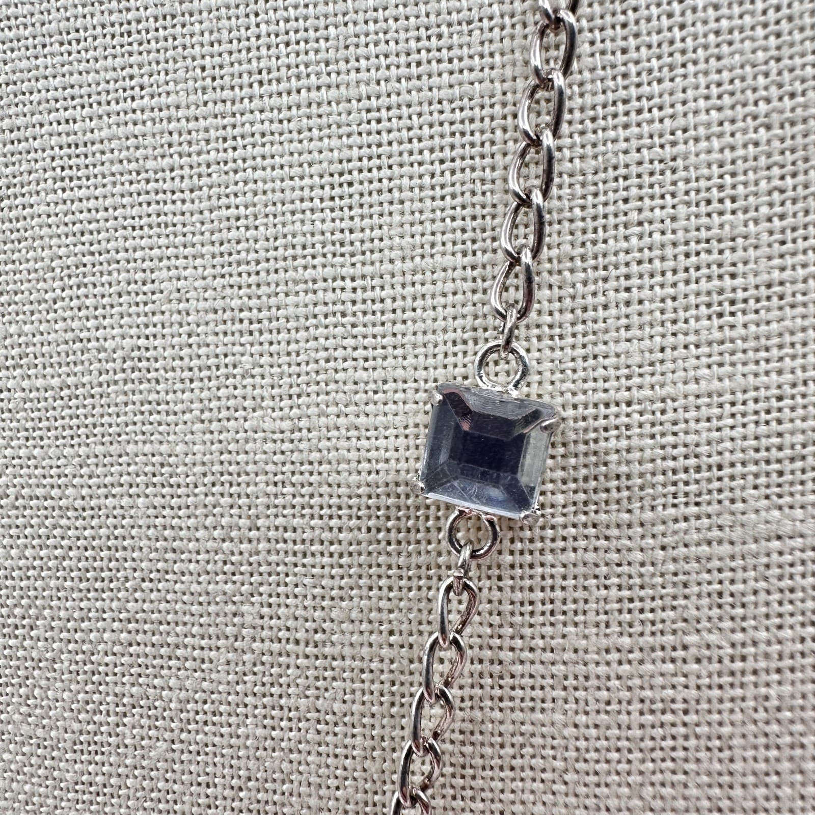 Vintage 80s Silver Tone Set Square Blue Topaz Station Chain Necklace Jewelry Y2K - Thumbnail 2