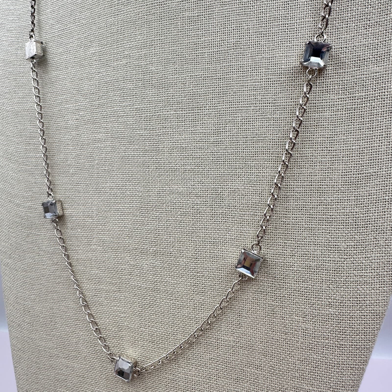 Vintage 80s Silver Tone Set Square Blue Topaz Station Chain Necklace Jewelry Y2K - Thumbnail 3