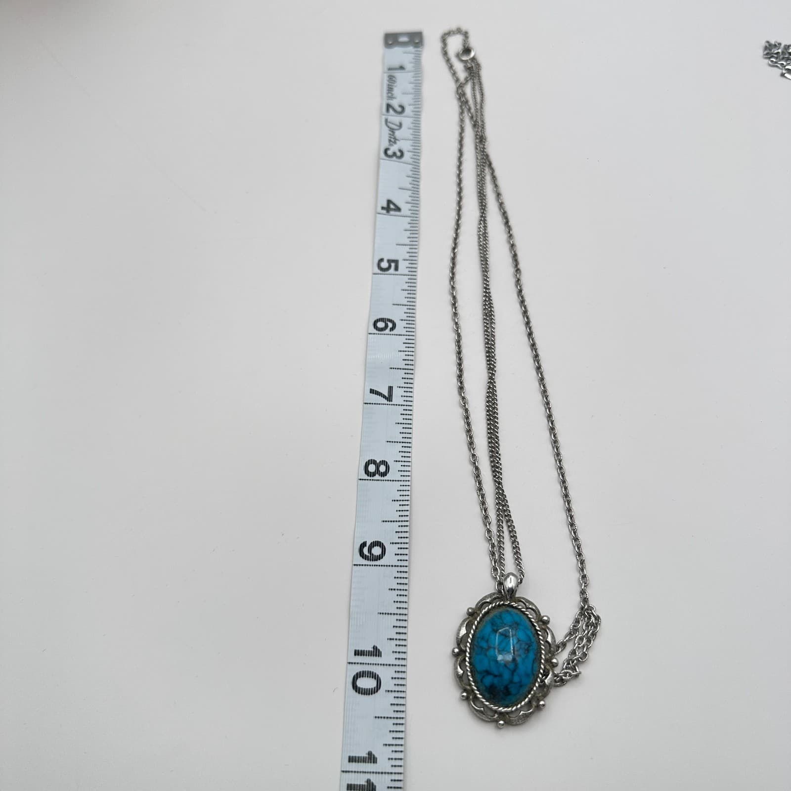 Vintage 90s Silver Tone Oval Turquoise Matrix Filigree Pendant Necklace Jewelry - Thumbnail 9
