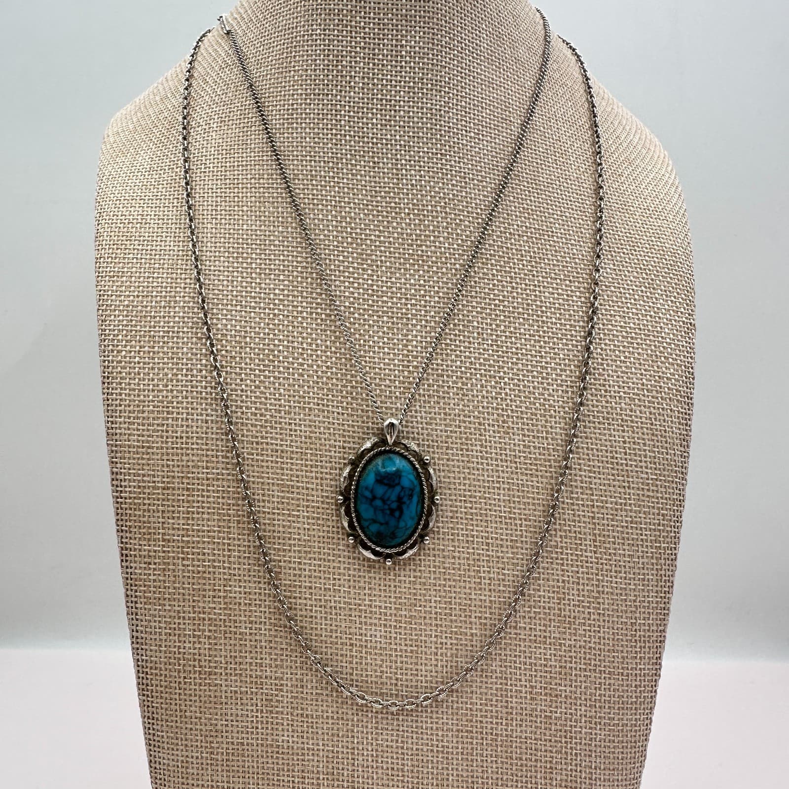 Vintage 90s Silver Tone Oval Turquoise Matrix Filigree Pendant Necklace Jewelry - Thumbnail 2