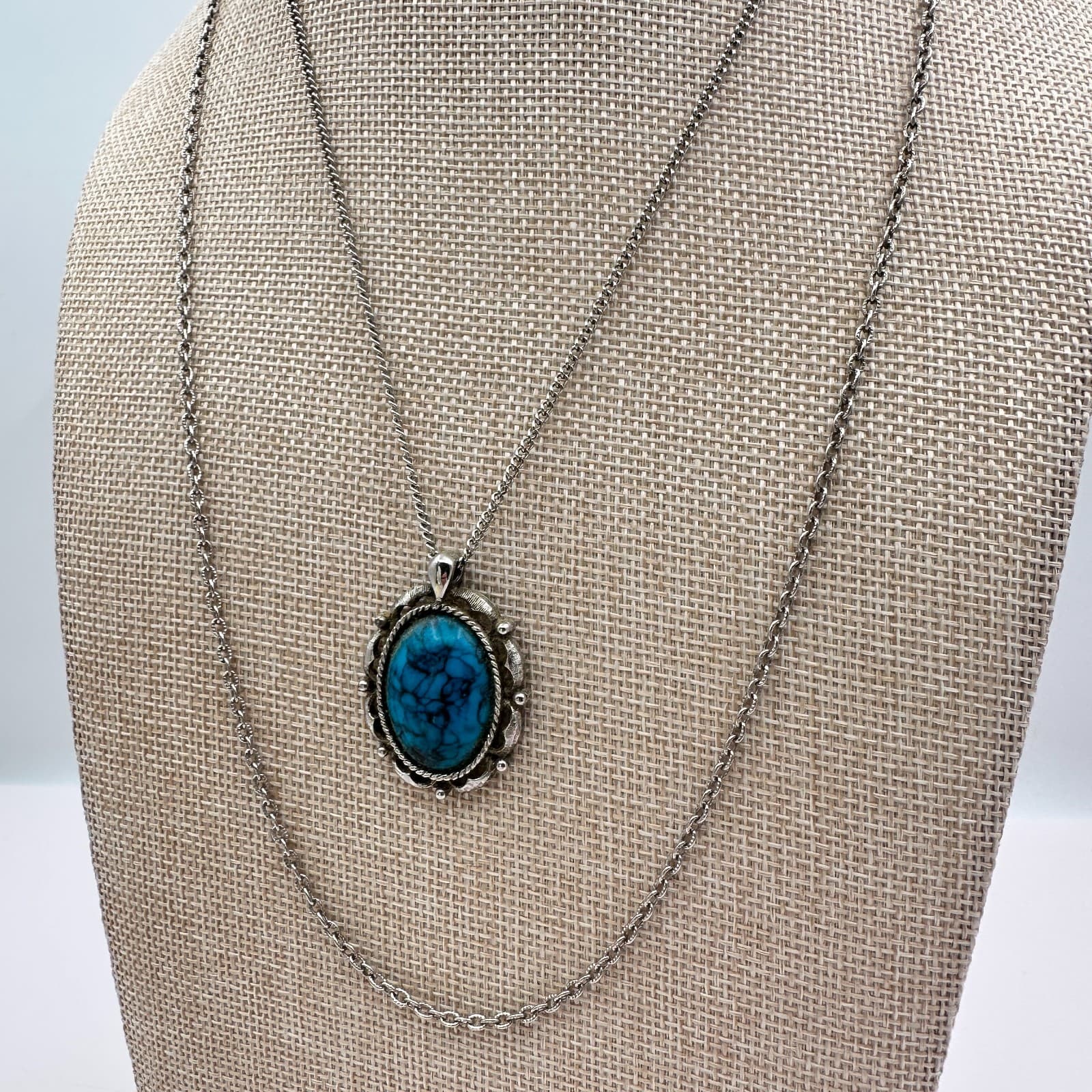 Vintage 90s Silver Tone Oval Turquoise Matrix Filigree Pendant Necklace Jewelry - Thumbnail 6