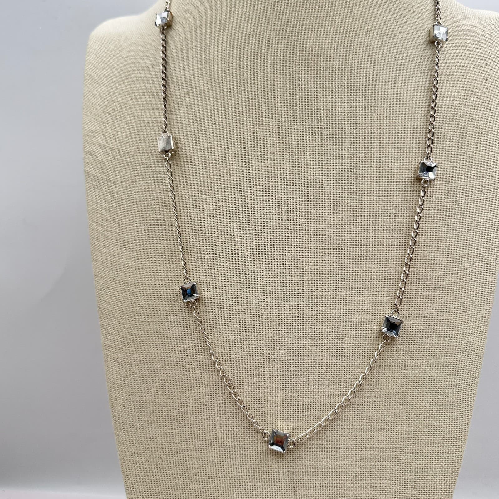 Vintage 80s Silver Tone Set Square Blue Topaz Station Chain Necklace Jewelry Y2K - Thumbnail 5