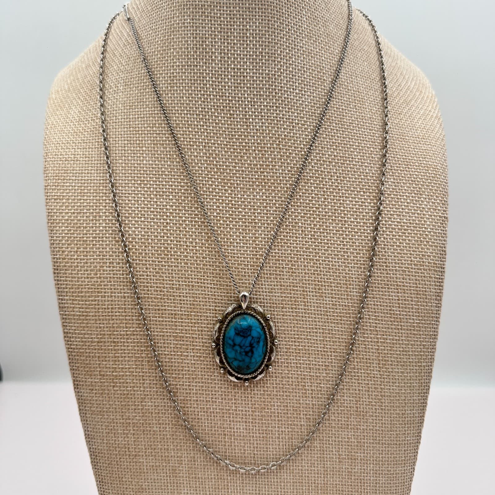 Vintage 90s Silver Tone Oval Turquoise Matrix Filigree Pendant Necklace Jewelry - Thumbnail 7