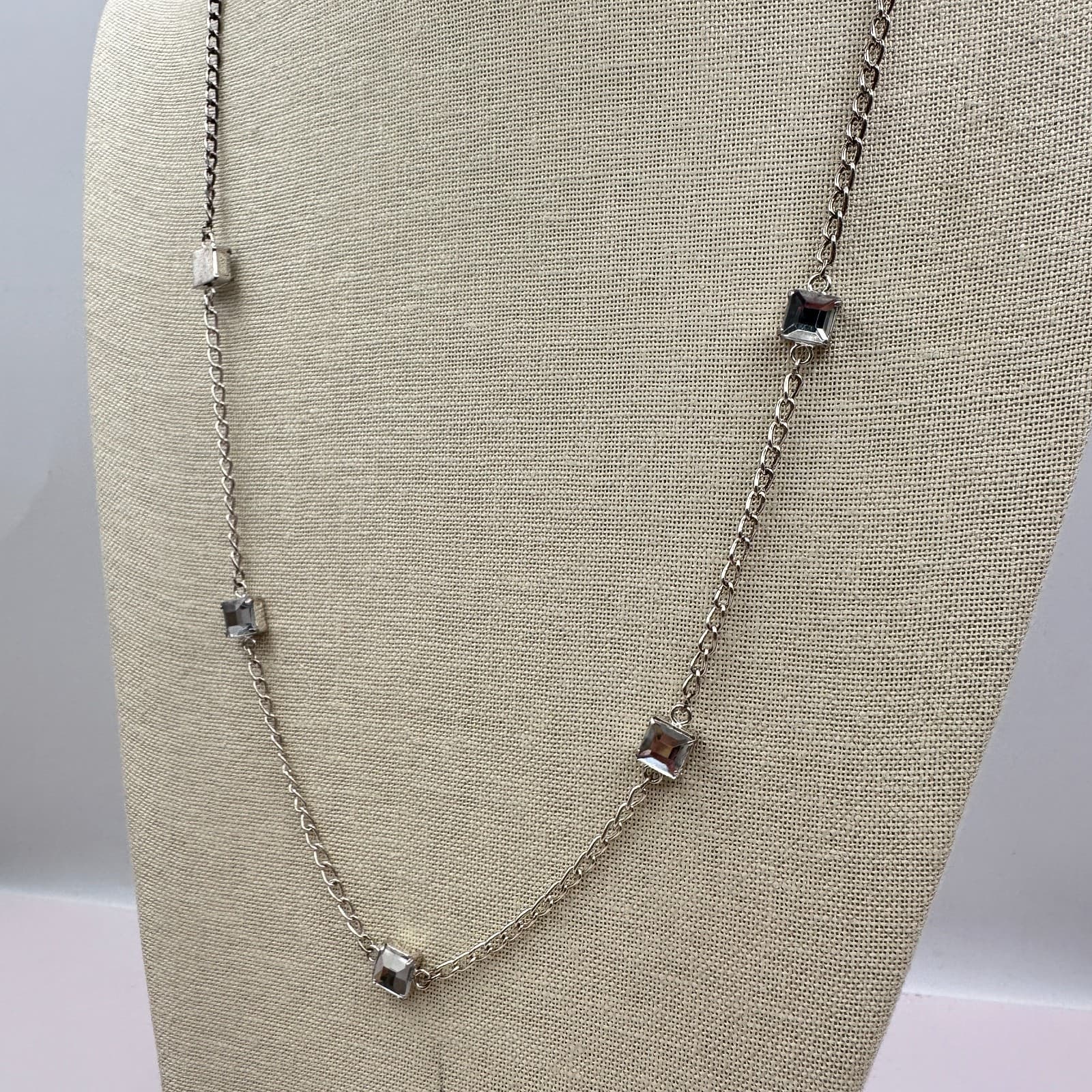 Vintage 80s Silver Tone Set Square Blue Topaz Station Chain Necklace Jewelry Y2K - Thumbnail 6