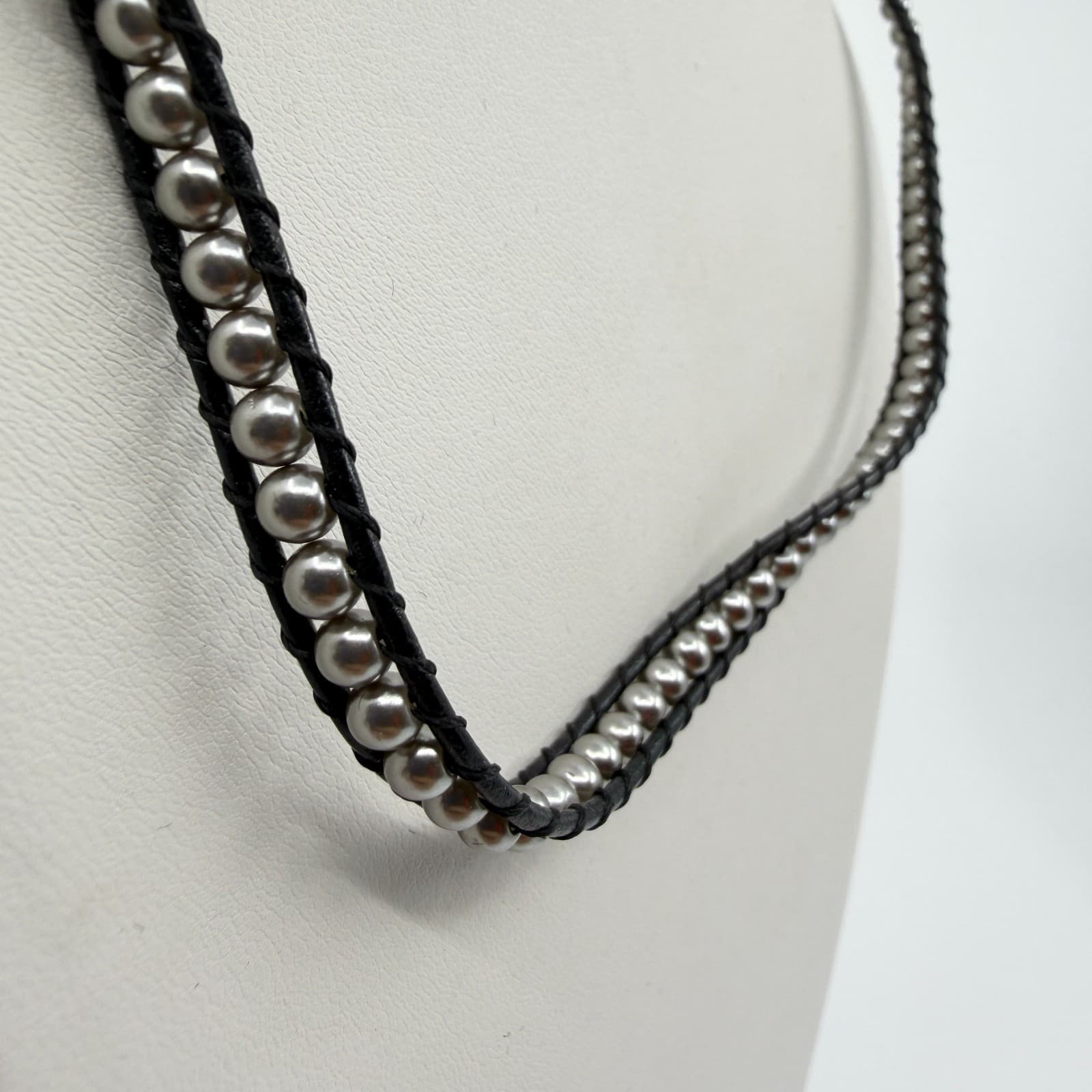 Boho Leather Wrap Necklace Channel Set Metallic Beaded Choker Stacking Jewelry - Thumbnail 3