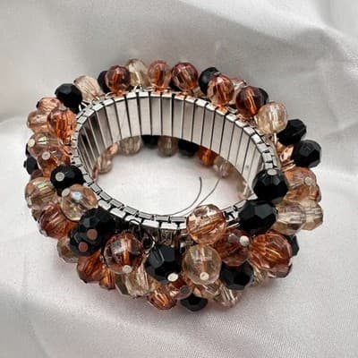 Vintage 90s Silver Tone Beaded Stretch Bracelet Women's Classic Fashion Jewelry - Thumbnail 2