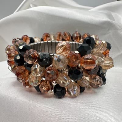 Vintage 90s Silver Tone Beaded Stretch Bracelet Women's Classic Fashion Jewelry - Thumbnail 3