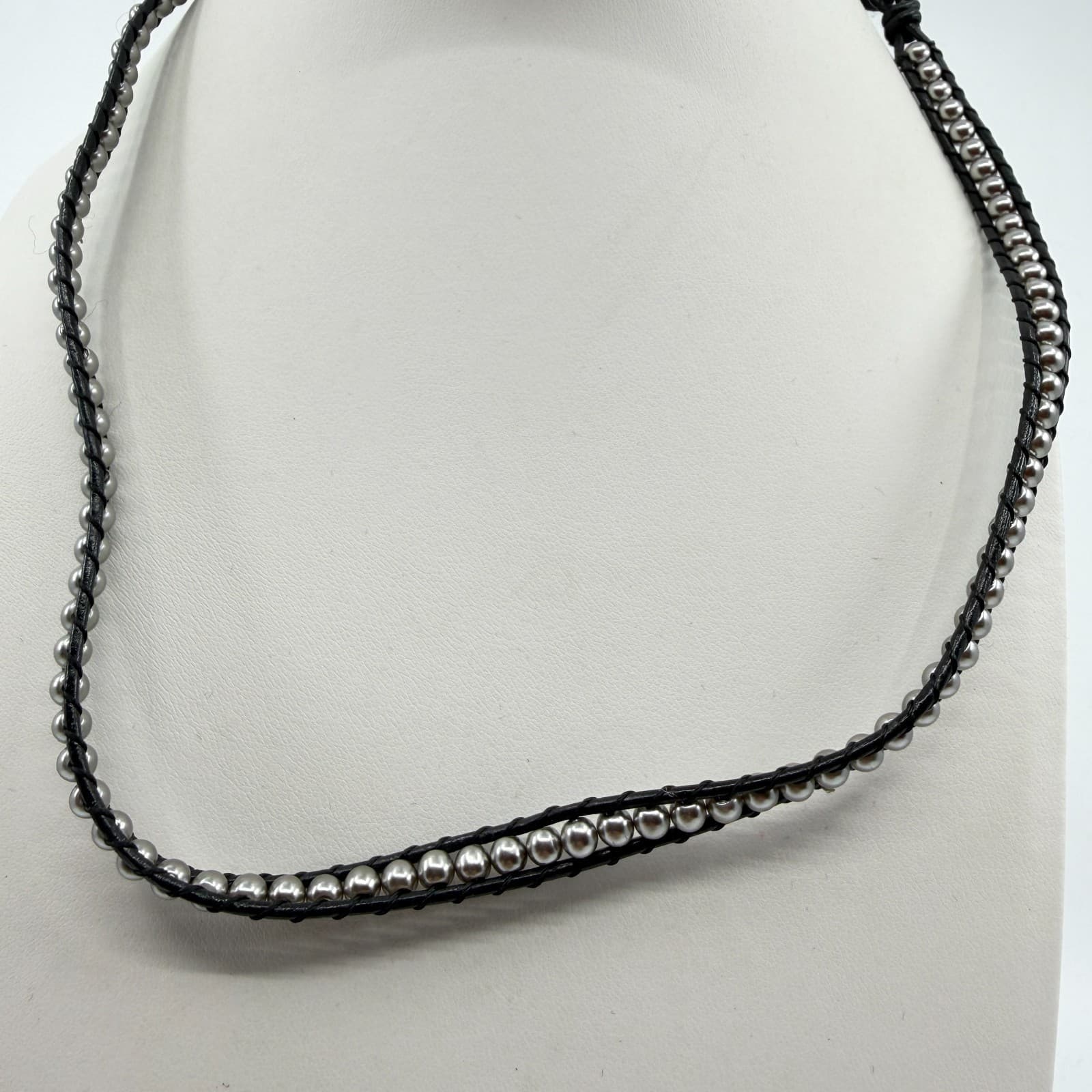 Boho Leather Wrap Necklace Channel Set Metallic Beaded Choker Stacking Jewelry - Thumbnail 4
