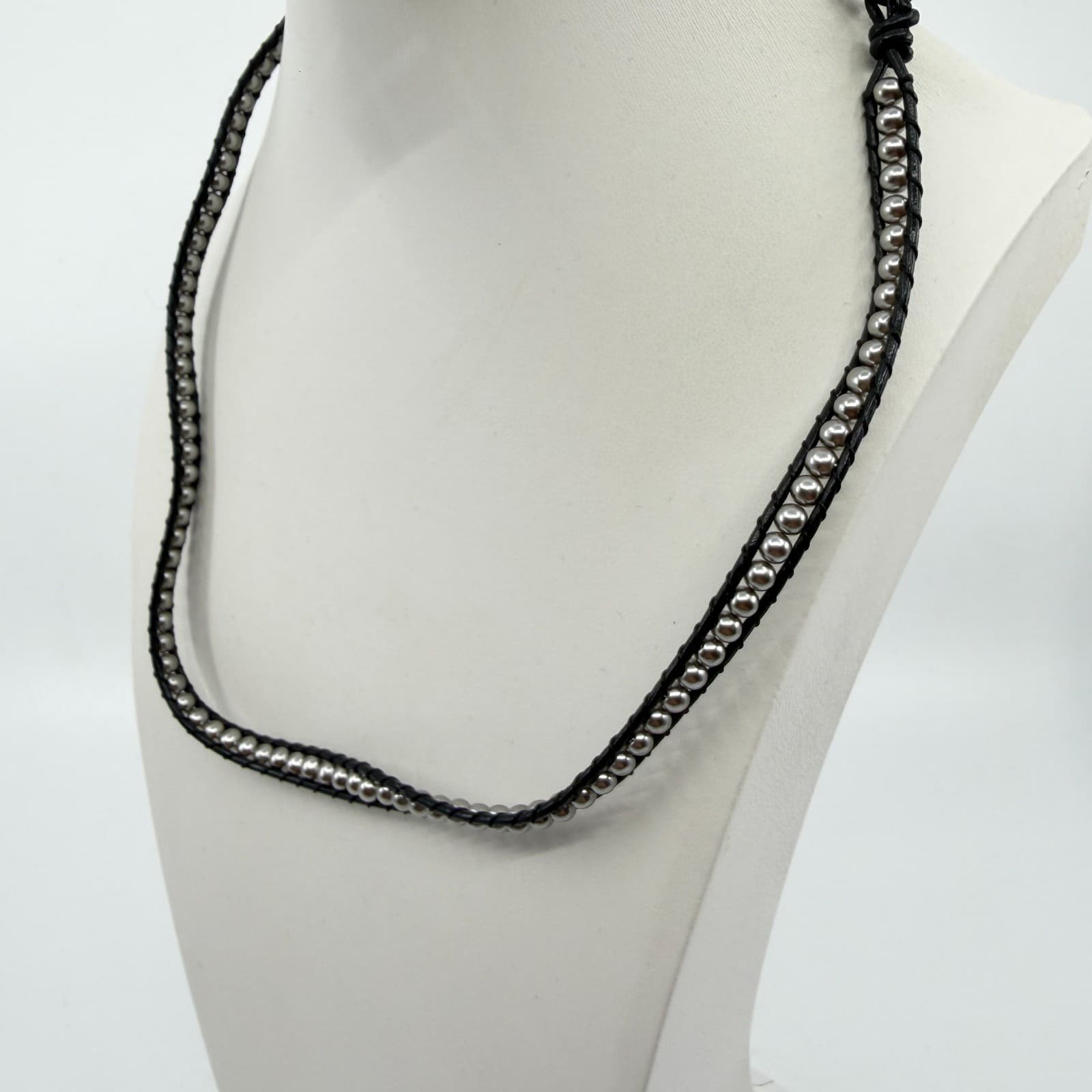 Boho Leather Wrap Necklace Channel Set Metallic Beaded Choker Stacking Jewelry - Thumbnail 5