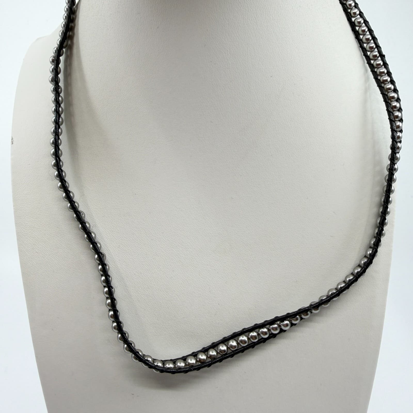 Boho Leather Wrap Necklace Channel Set Metallic Beaded Choker Stacking Jewelry - Thumbnail 2