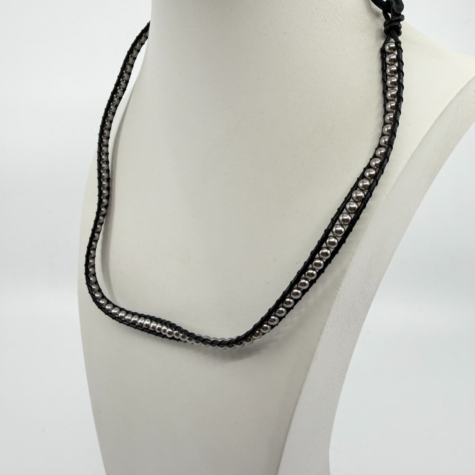 Boho Leather Wrap Necklace Channel Set Metallic Beaded Choker Stacking Jewelry - Thumbnail 6