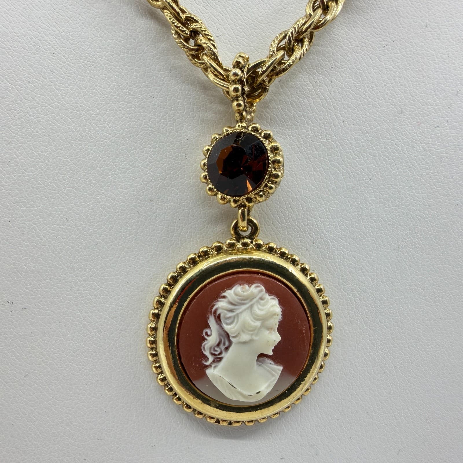 VTG Style Cameo Pendant Necklace Gold & Amber Tone Rhinestone Statement Piece - Thumbnail 2