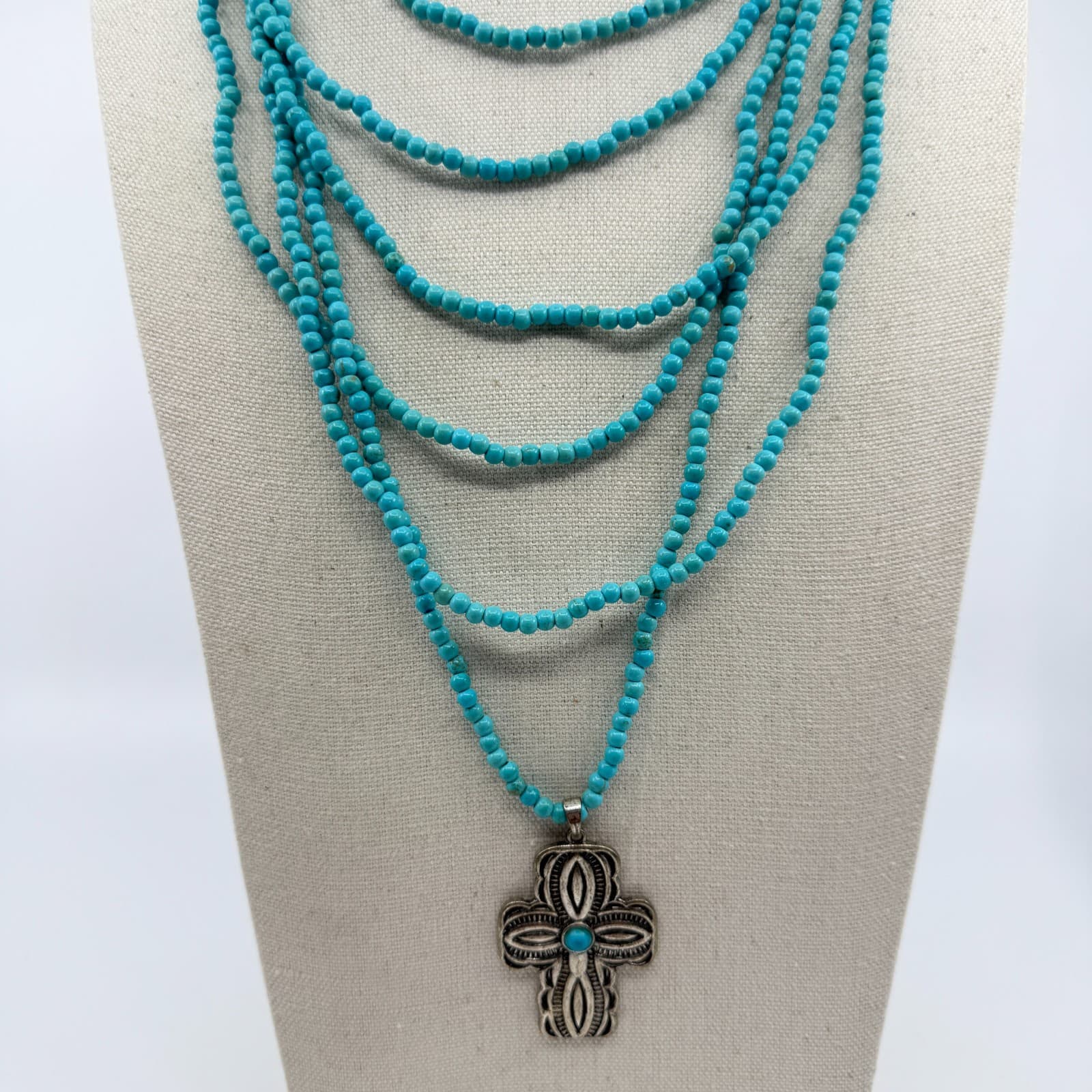 Southwestern Style Turquoise Bead Multi-Strand Cross Pendant Necklace Statement - Thumbnail 2