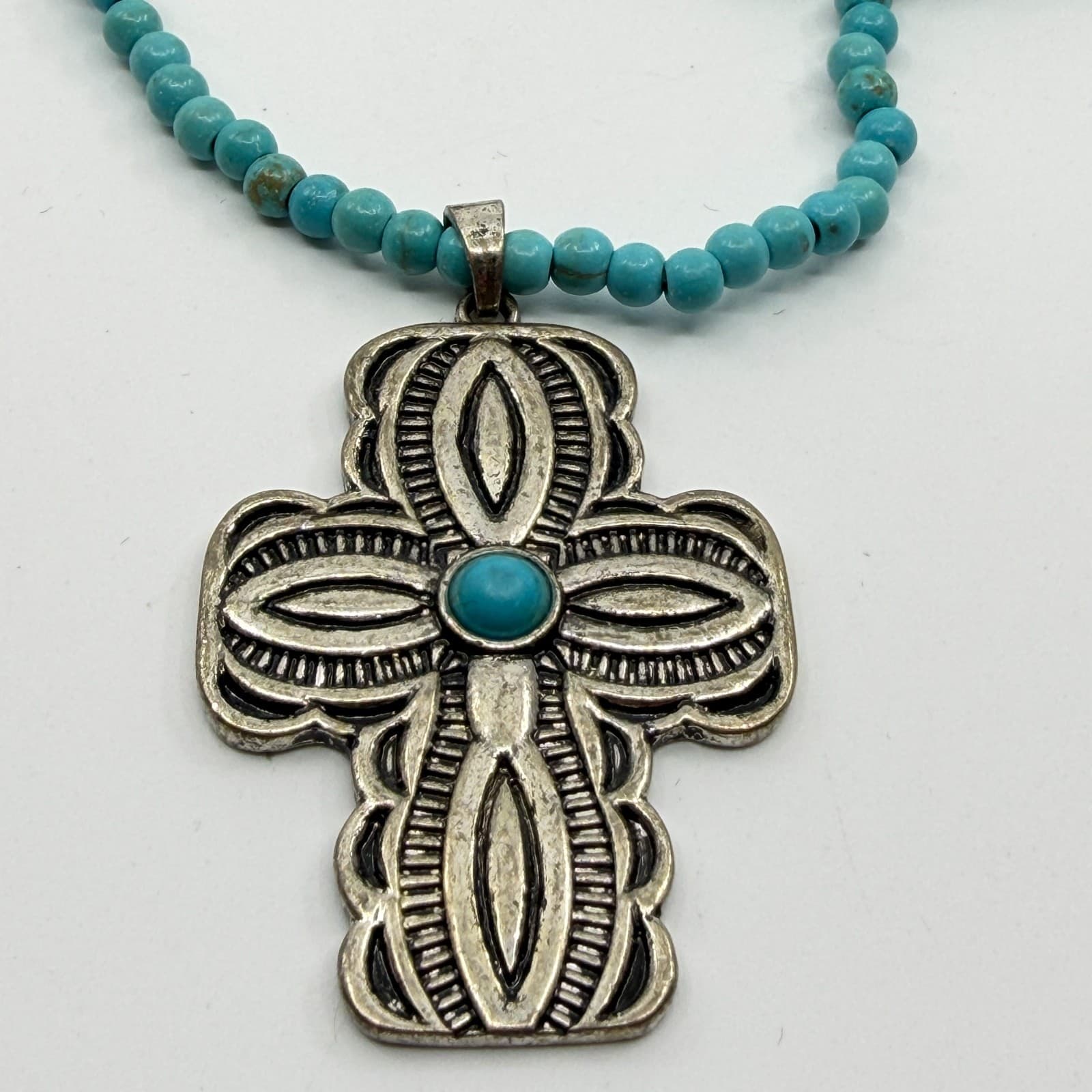 Southwestern Style Turquoise Bead Multi-Strand Cross Pendant Necklace Statement - Thumbnail 13