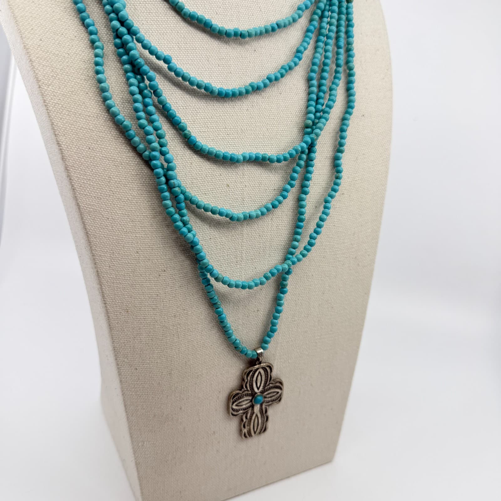 Southwestern Style Turquoise Bead Multi-Strand Cross Pendant Necklace Statement - Thumbnail 7
