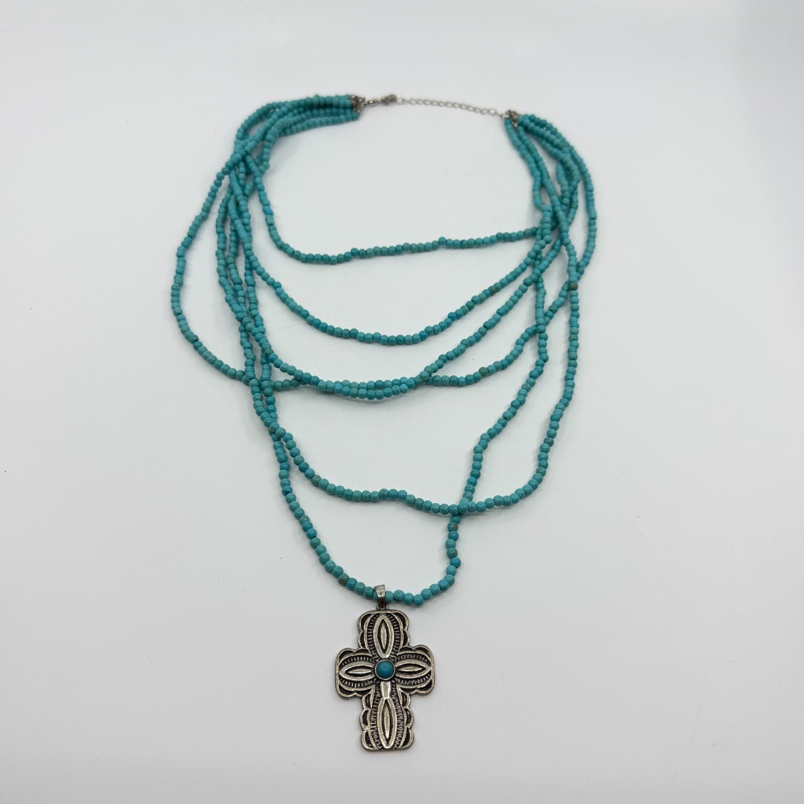 Southwestern Style Turquoise Bead Multi-Strand Cross Pendant Necklace Statement - Thumbnail 14