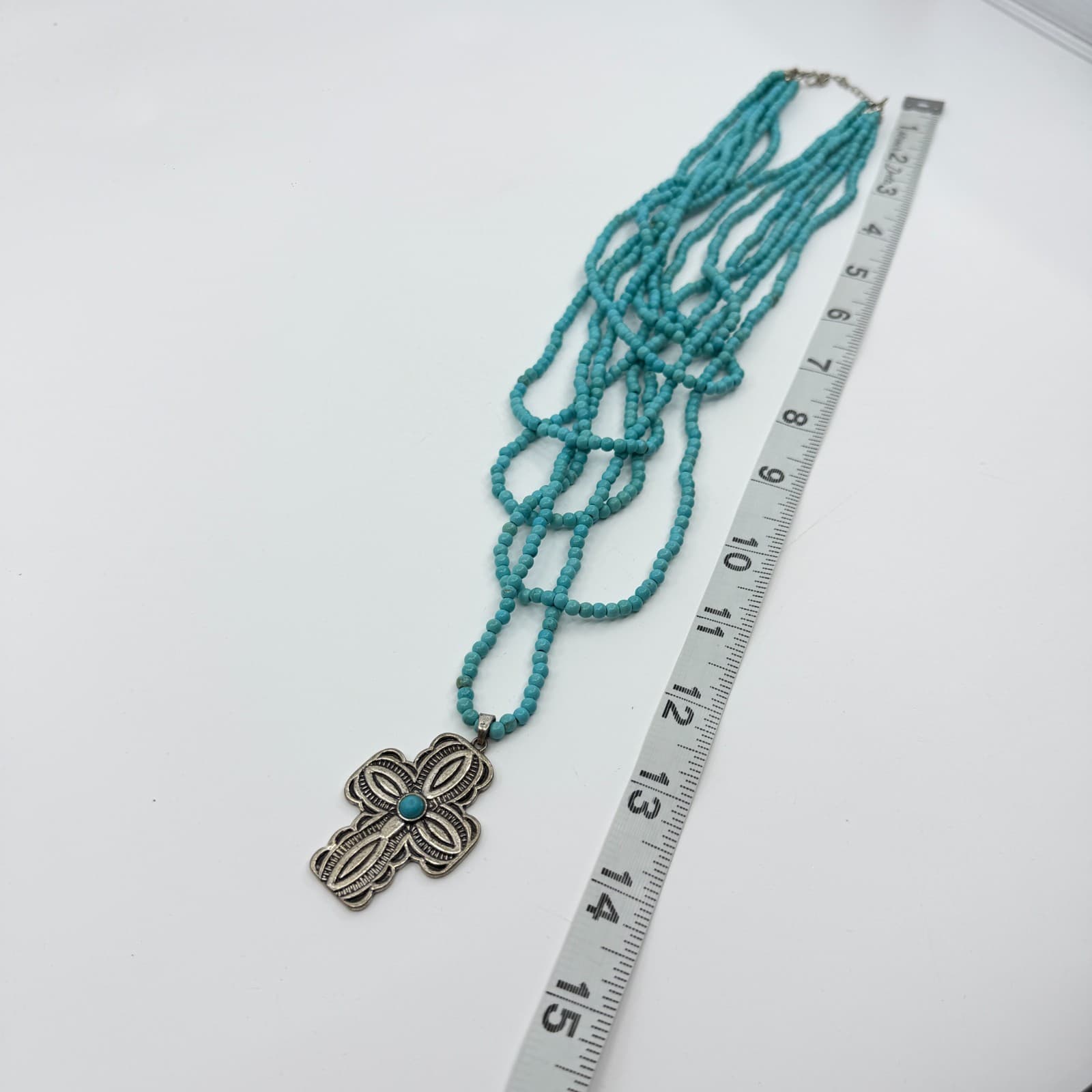 Southwestern Style Turquoise Bead Multi-Strand Cross Pendant Necklace Statement - Thumbnail 15